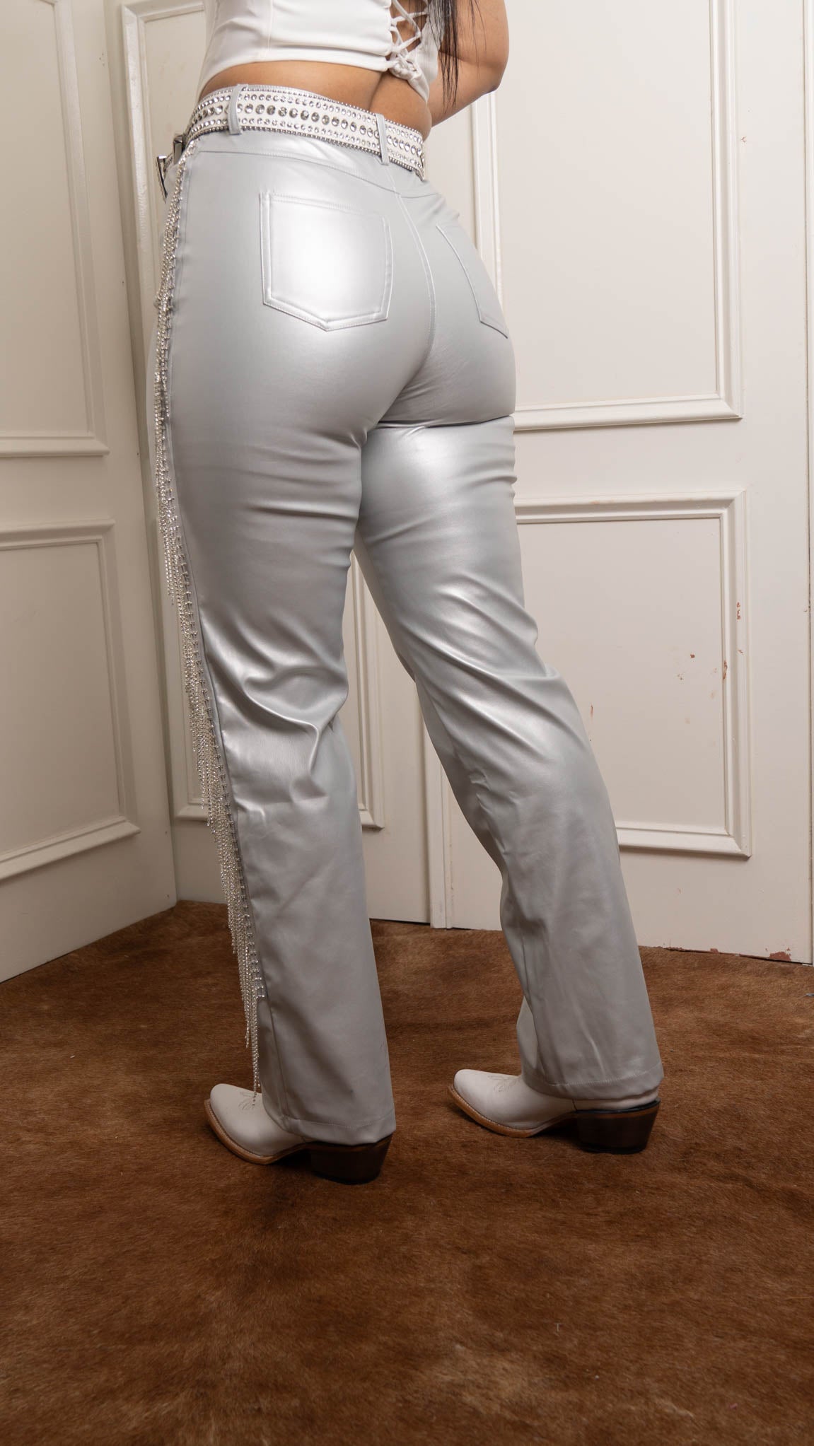 Stylish Rhinestone Fringe Vegan Leather Pants for Women - Trendy High Waisted Clubwear & Party Outfit - Perfect for Nightlife, Concerts, and Special Occasions