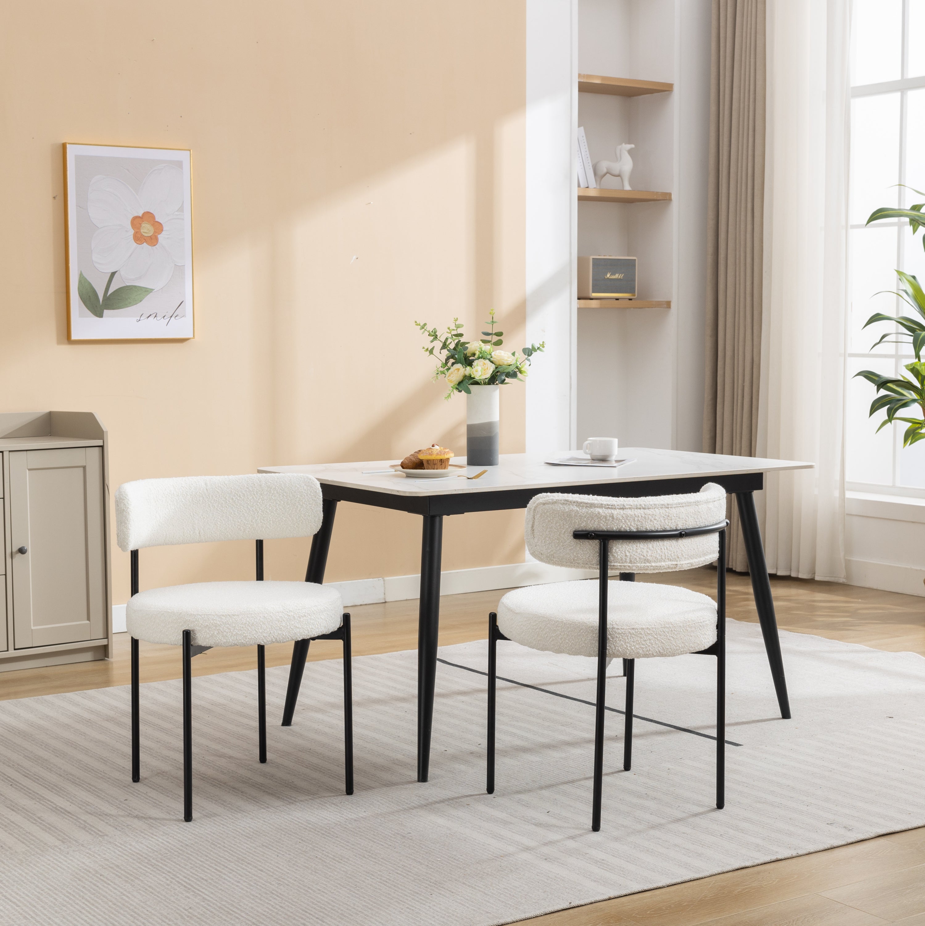 Burbank Modern Round Boucle Dining Chairs Set of 2 - White Upholstered Accent Chairs for Kitchen, Dining Room, or Breakfast Nook