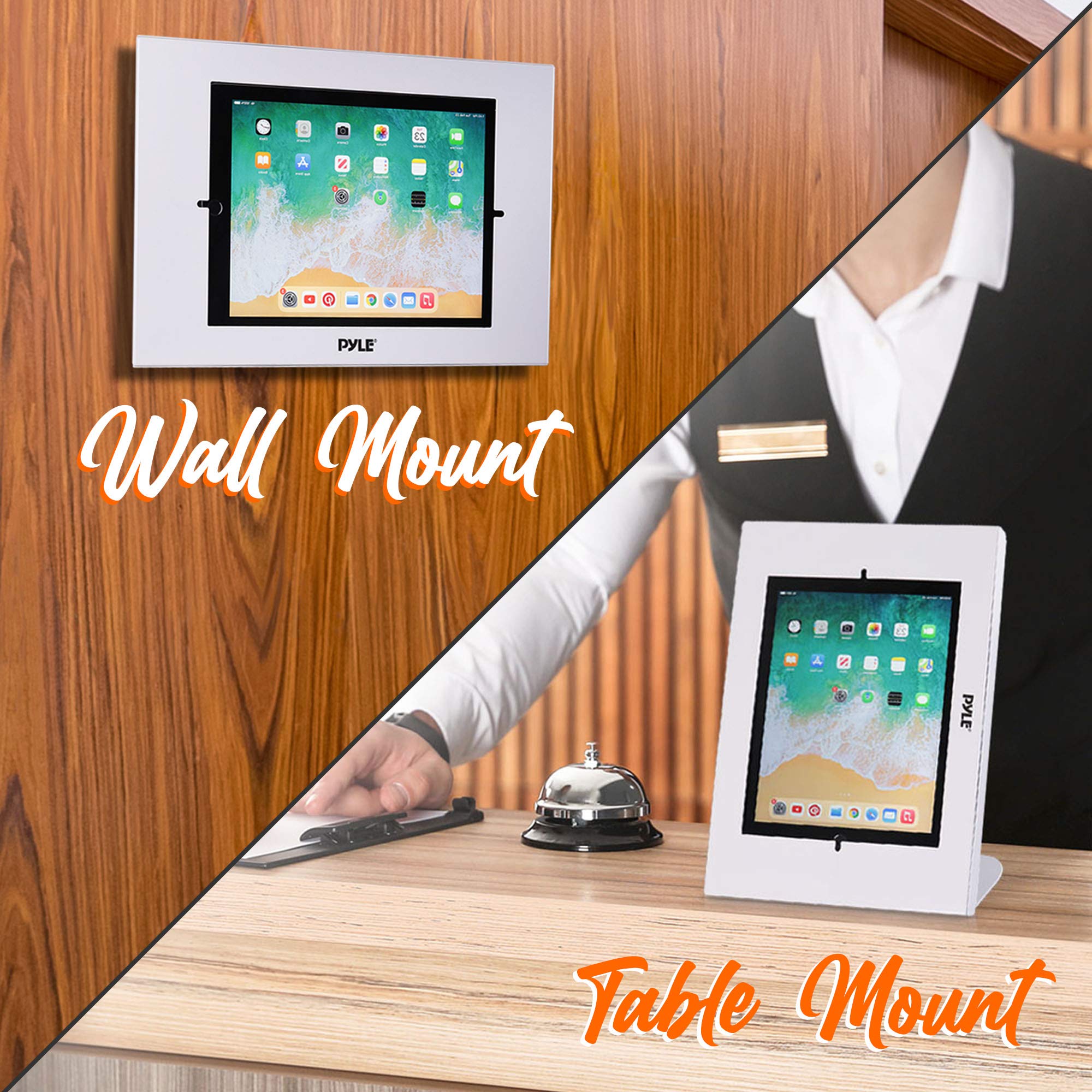 Pyle Anti-Theft Tablet Security Stand - Wall & Table Mount Kiosk with Lock & Key, Restricted Pin-Hole, 90° Rotation - Compatible with iPad, iPad Air, iPad Pro, Samsung Galaxy Tab A (2019) - PSPADLK15 - Perfect for Retail Stores, Libraries, and Public Kiosks