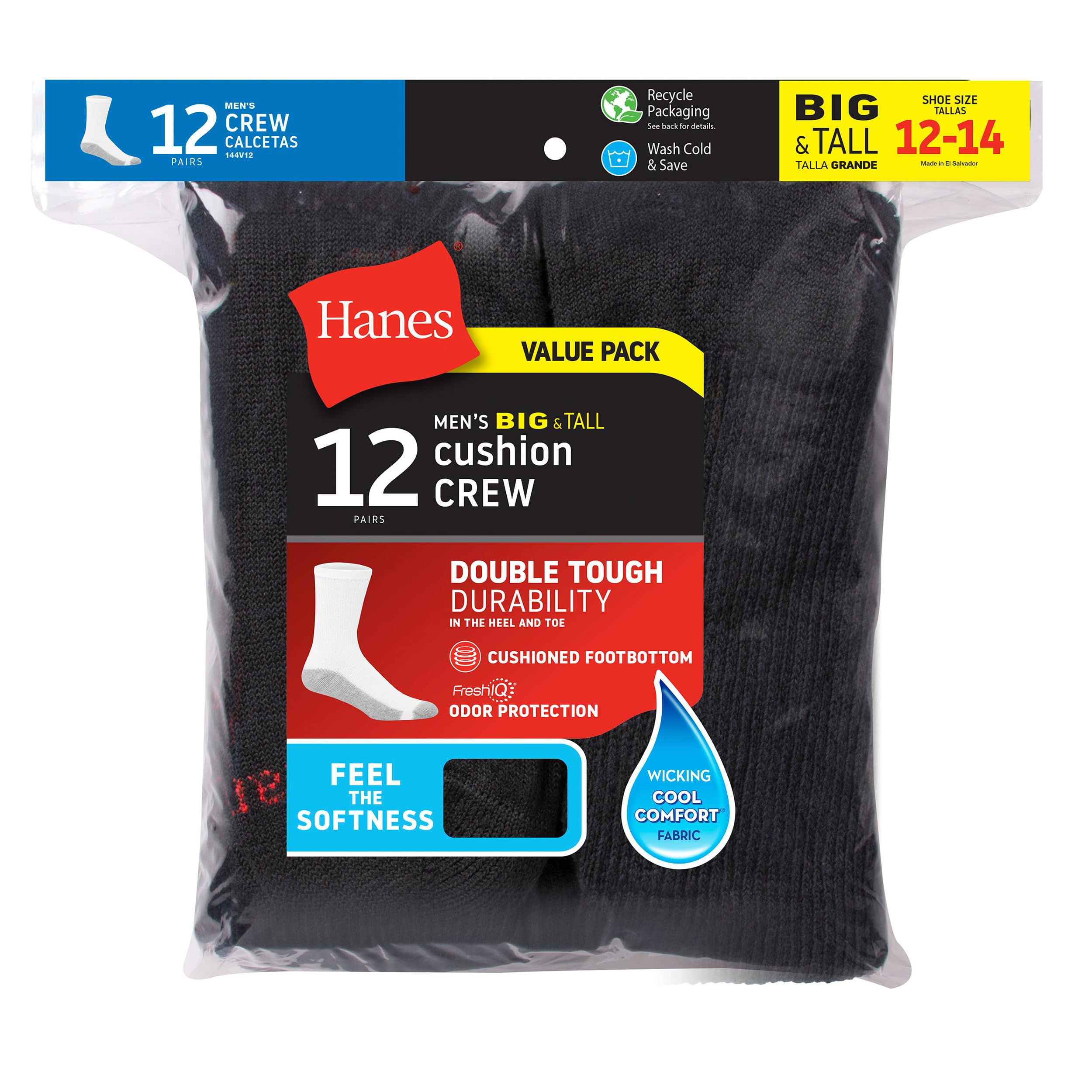 Hanes Men's Double Tough Crew Socks 12-Pair Pack - Durable Cotton Work Socks for Everyday Wear, Sports & Outdoor Activities