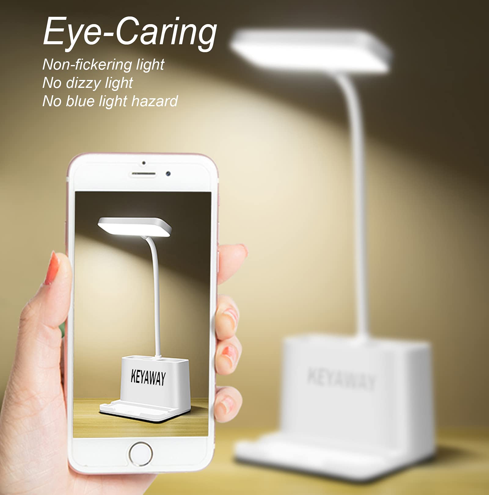 USB Rechargeable LED Desk Lamp with Flexible Gooseneck - 3 Color Modes & Stepless Dimming, Eye-Caring Study Light with Pen & Phone Holder for Home & Office - Perfect for Reading, Working, and Nighttime Studying