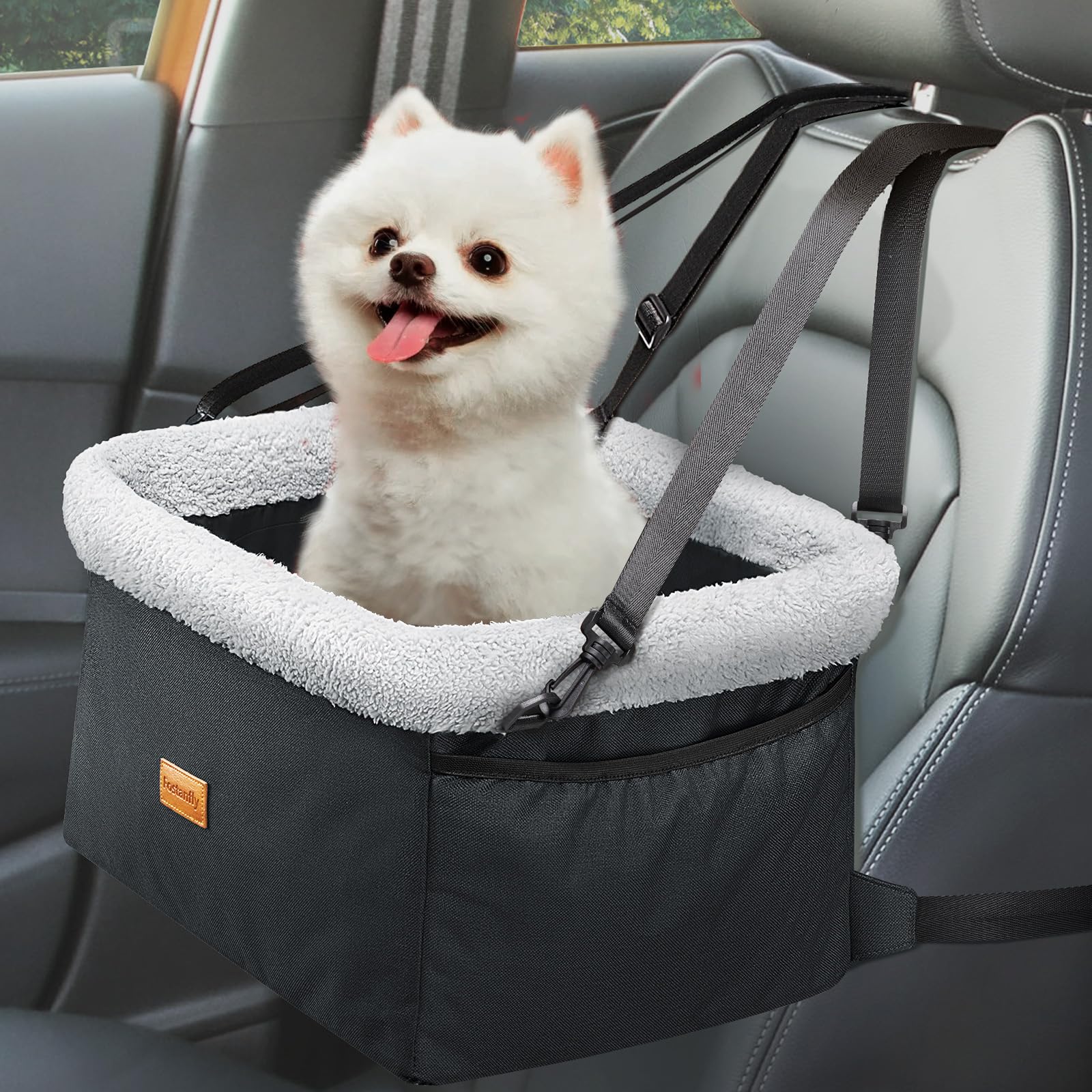 Fostanfly Dog Car Seat for Small Dogs - Upgraded Pet Booster Seat with Metal Frame, Washable Thick Cushion, Safety Leash & Storage Pockets - Perfect for Travel, Road Trips & Daily Commutes