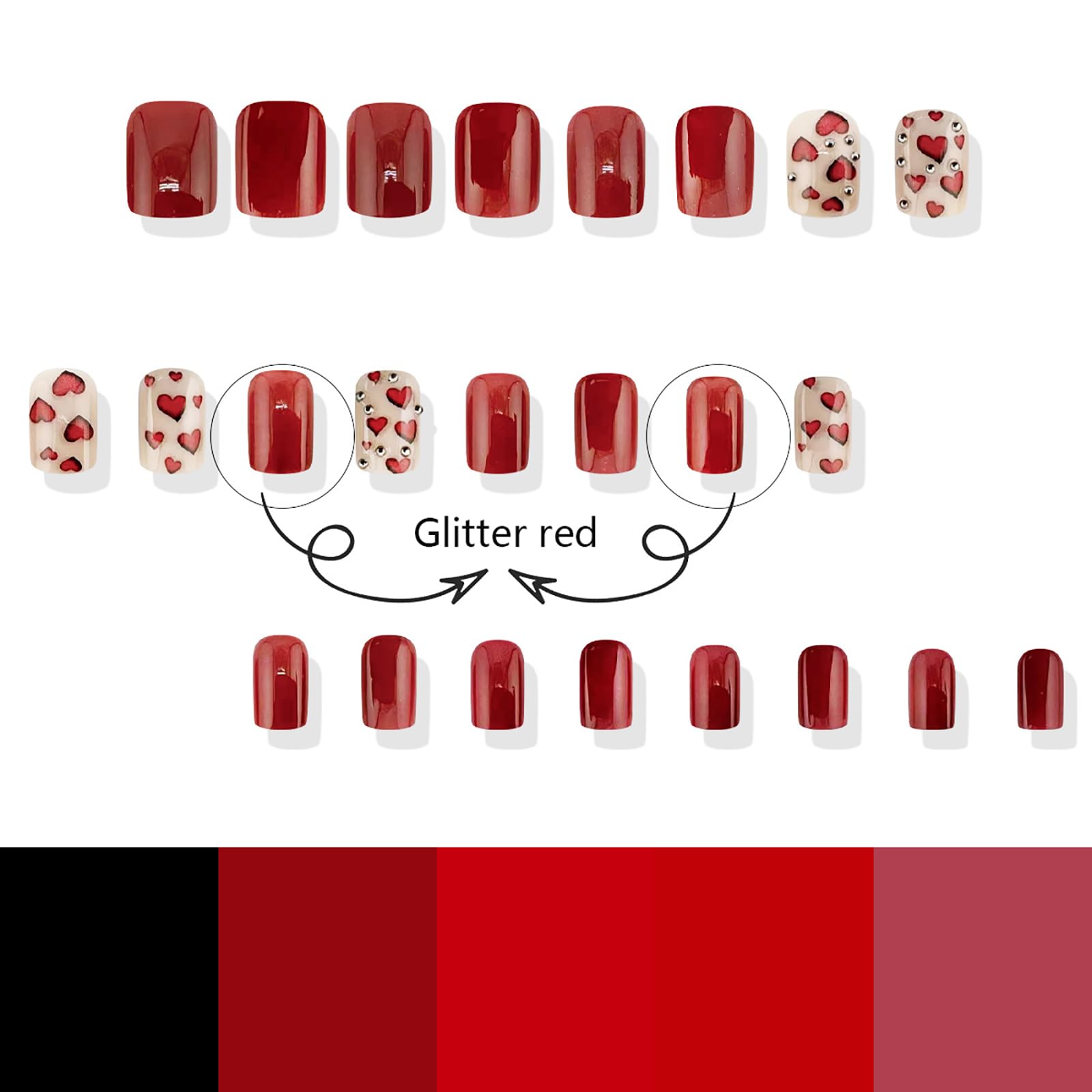 24 Pcs Valentine’s Day Press on Nails - Medium Length Square Fake Nails with Red Heart & Rhinestone Design, Includes Glue | Acrylic False Nails for Women | Perfect for Date Night, Parties & Holiday Gifts