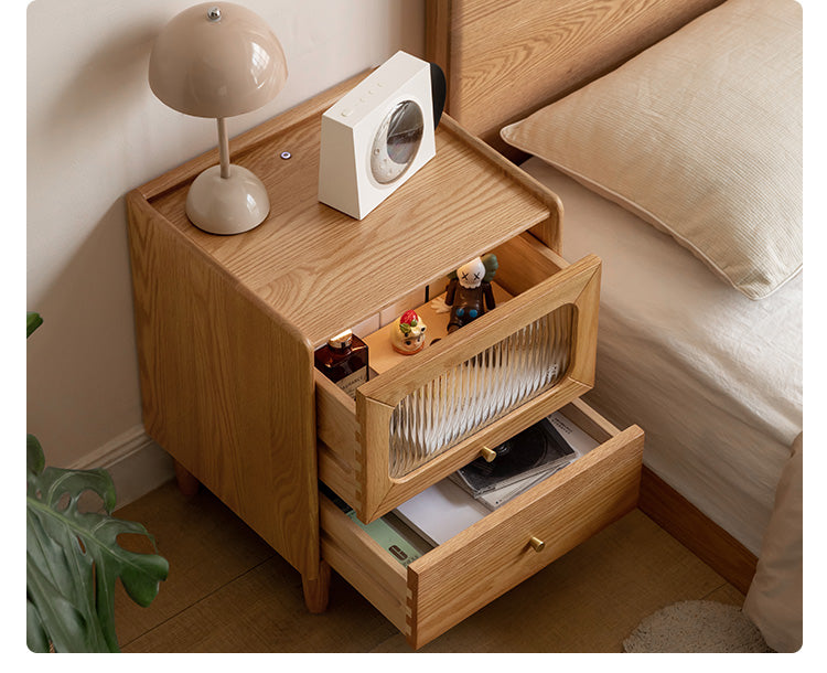 Solid Oak Wood Nightstand with Built-in LED Light - Modern Bedside Table for Bedroom, Living Room, or Office