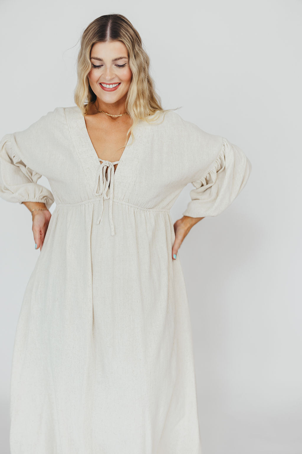 Hunter Linen Blend Midi Dress in Greige - Bump Friendly Maternity Dress with Inclusive Sizing | Perfect for Pregnancy, Nursing, and Everyday Comfort Wear