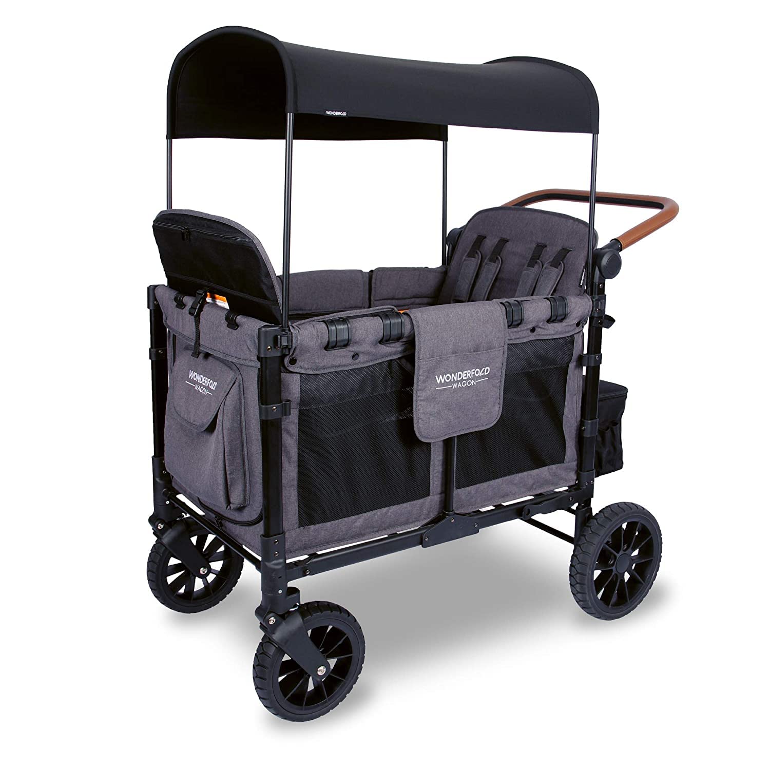 WONDERFOLD W4 Luxe Stroller Wagon - 4 Seater Collapsible Wagon Stroller with Magnetic Buckle 5-Point Harness | Charcoal Gray-Black Frame | Perfect for Family Outings, Beach Trips & Park Adventures