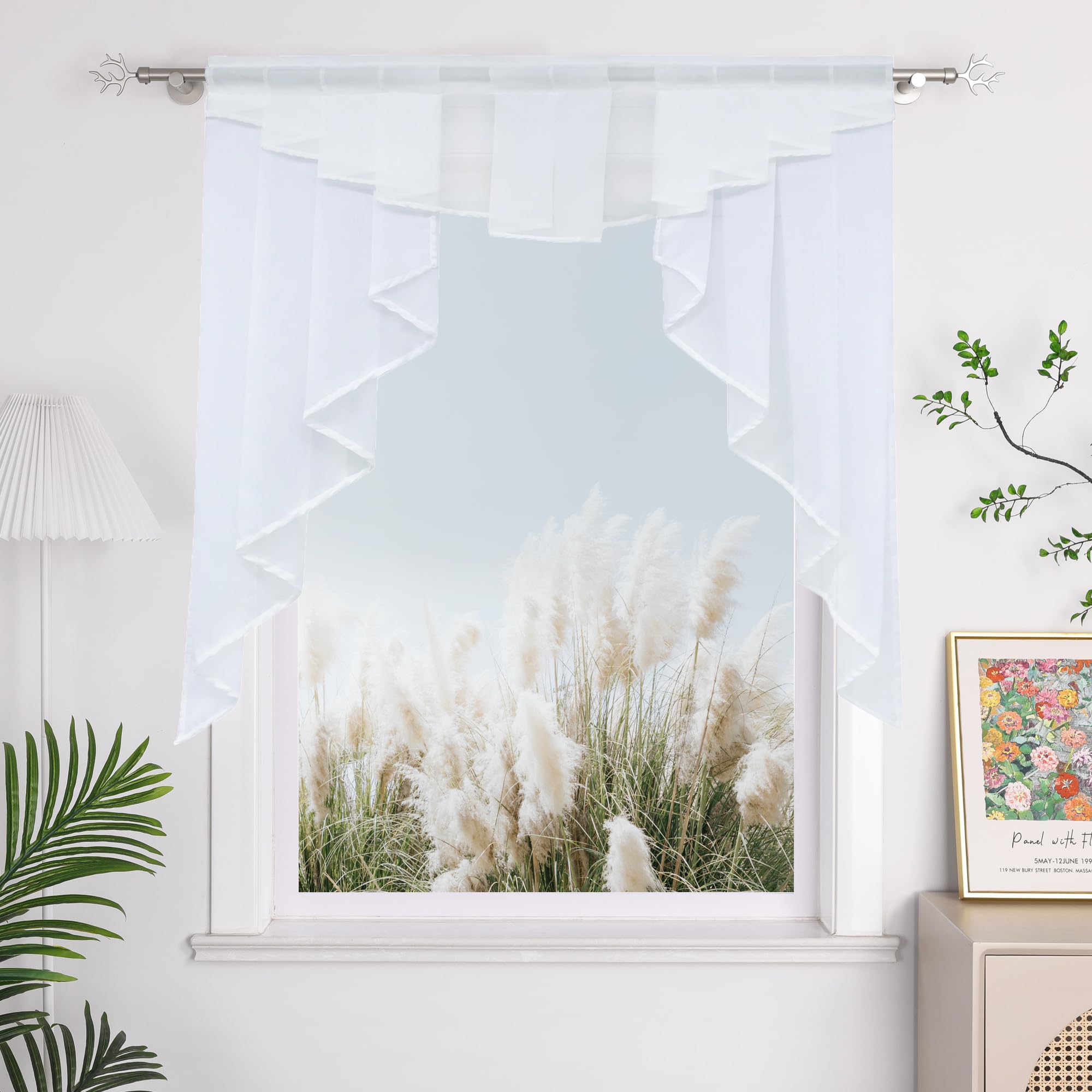 Elegant Beige Window Valance Rod Pocket Sheer Voile Swag Curtain with Pleated Roman Shades - 1 Piece (39x39 Inches) - Perfect for Kitchen, Living Room & Bedroom Decor