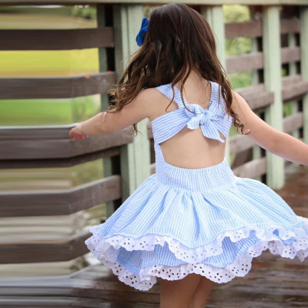 Aniywn Girls' Summer Blue Striped Lace Suspender Party Dress - Elegant Pageant Outfit for Special Occasions, Birthday Parties & Photo Shoots