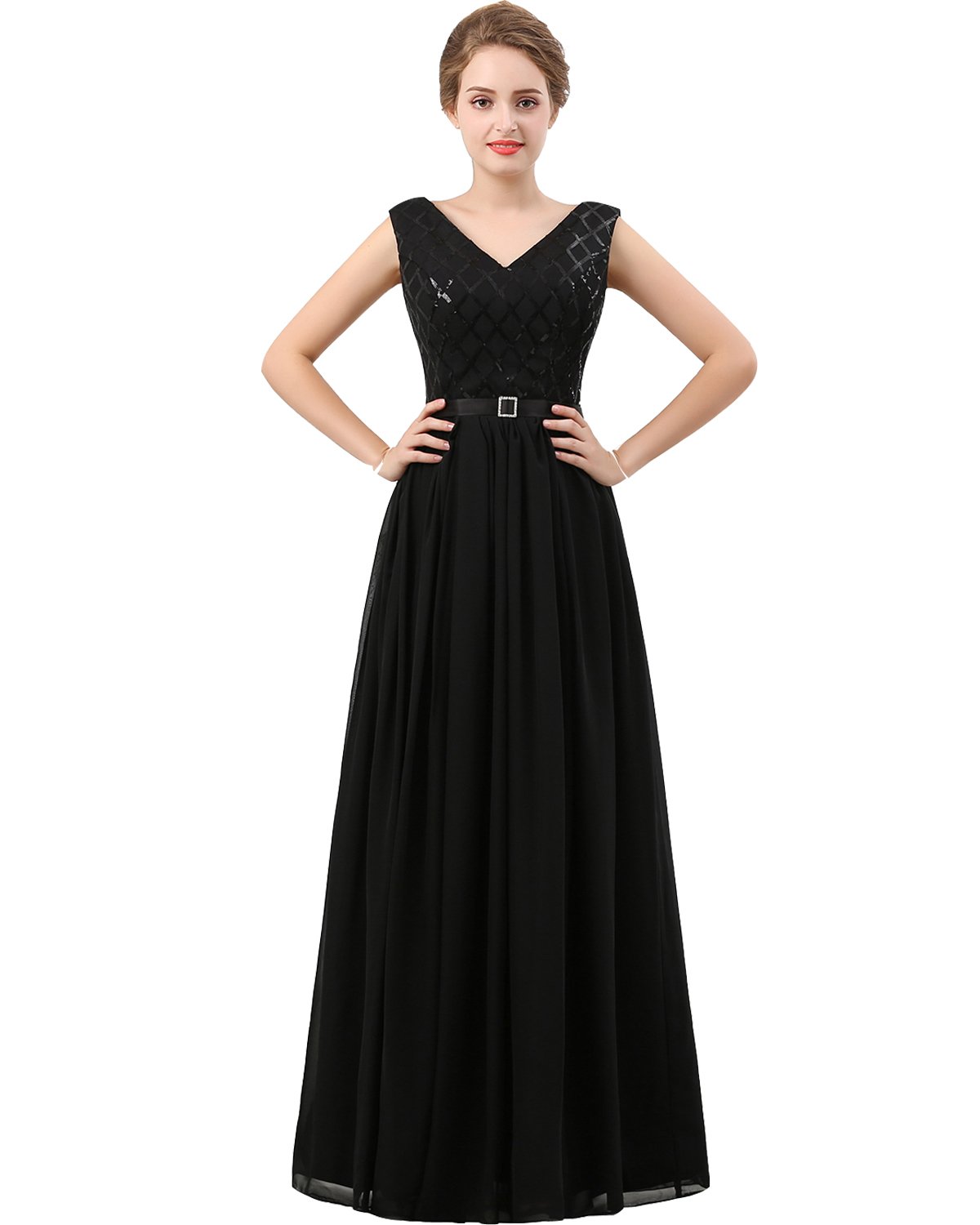 Lemai V-Neck Long Sequined Chiffon A-Line Corset Prom Evening Dress for Women - Elegant Formal Gown for Homecoming, Wedding Guest, Cocktail Party & Special Occasions