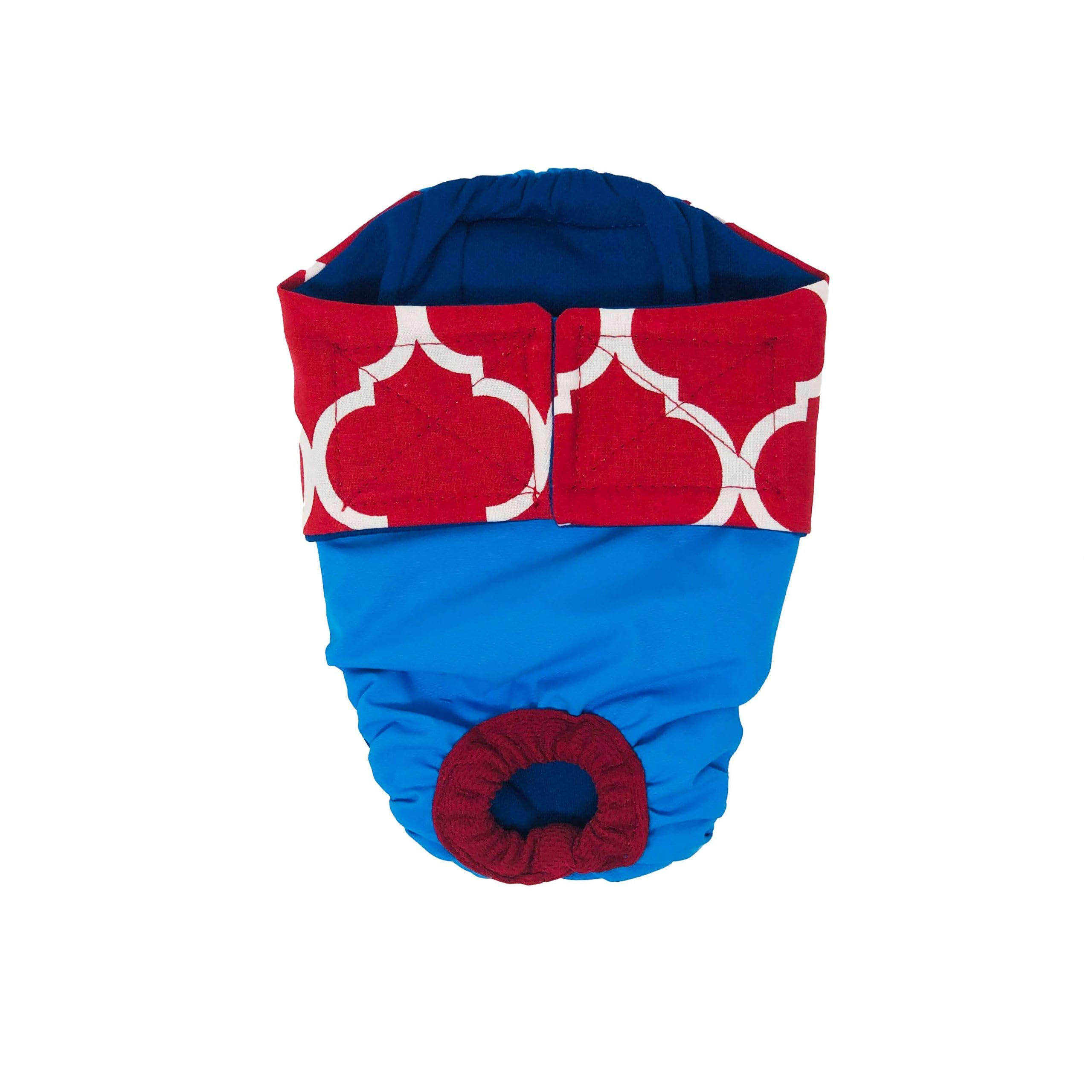 Premium Waterproof Dog Diaper XXL - Red Quatrefoil Aqua Blue Design with Tail Hole - Made in USA - Ideal for Incontinence, Travel & Post-Surgery Care