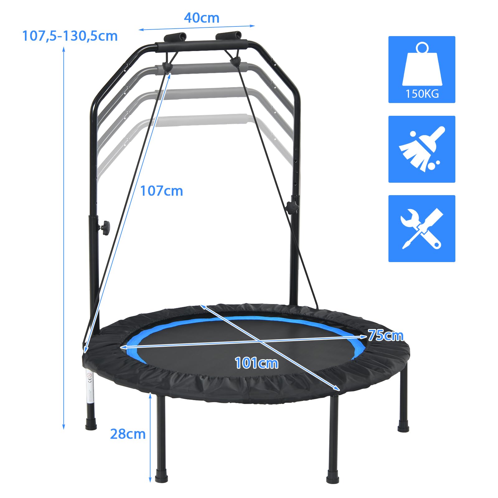 GOPLUS Foldable Fitness Trampoline with Adjustable Handrail & Padded Safety Cover - 150KG Weight Capacity for Adults & Kids - Indoor & Outdoor Exercise Rebounder for Home Gym, Cardio Workout & Fun Family Activities