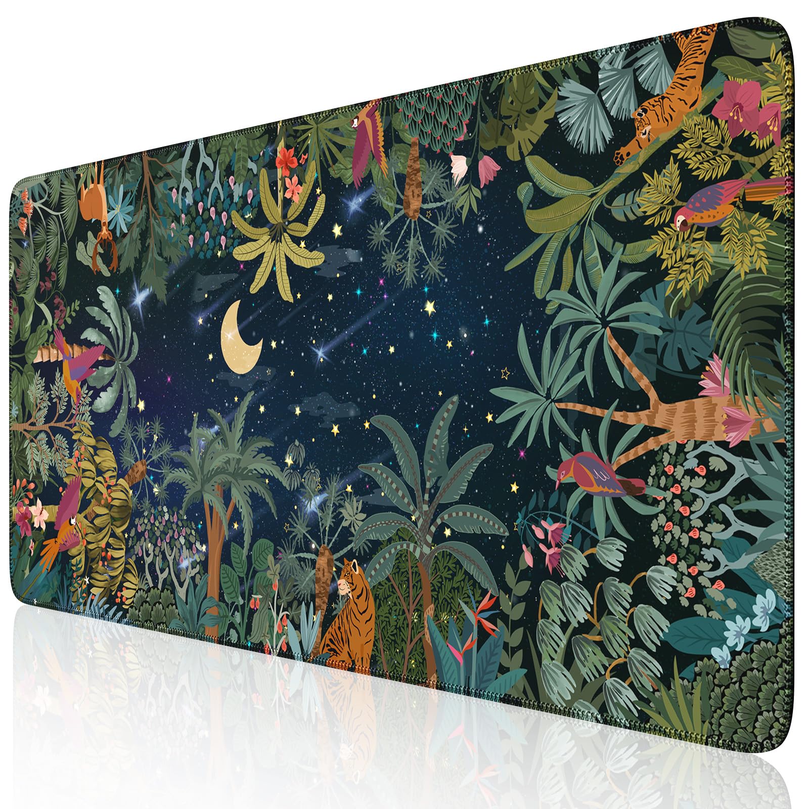 iCasso Midnight Jungle XXL Mouse Pad - Non-Slip Desk Mat with Stitched Edges for Computer, Keyboard & Gaming - Perfect for Office, Home & Gaming Setup (Night Jungle Design)