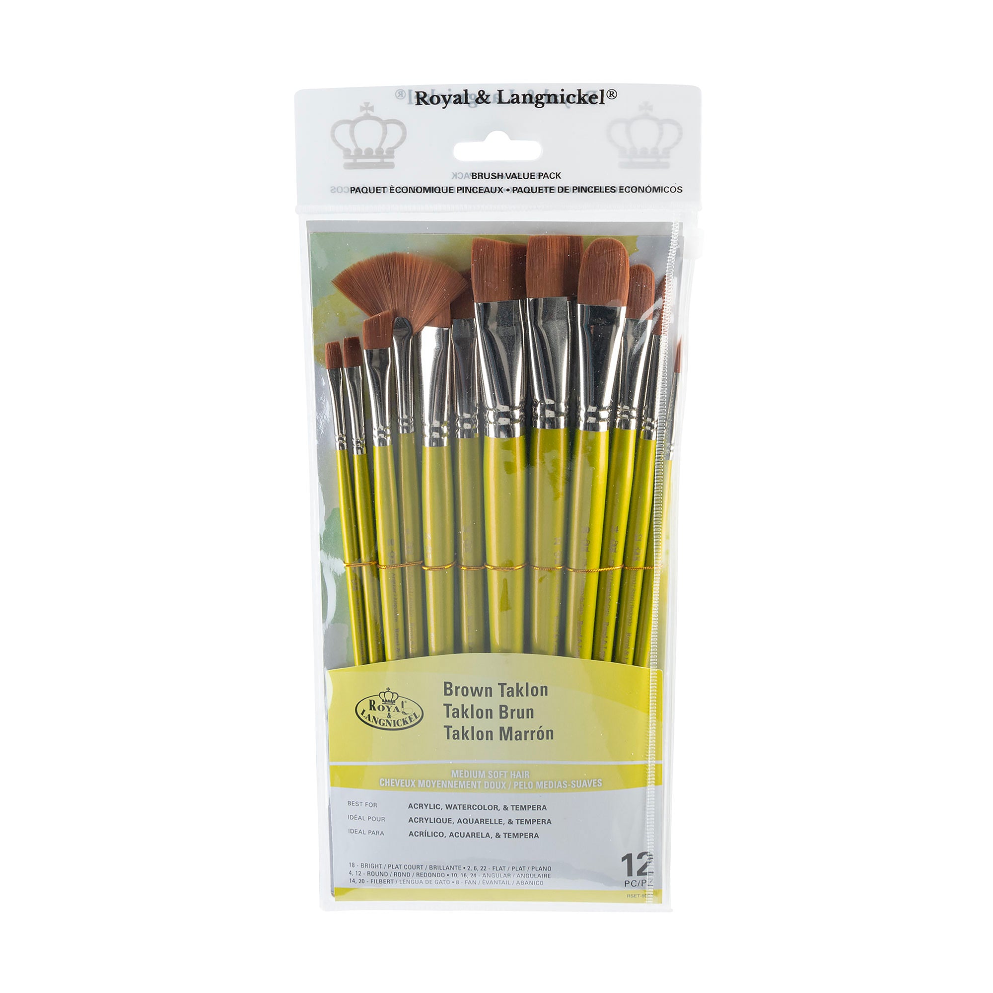 12 Pack Professional Brown Taklon Paint Brushes - Bright & Flat for Acrylic, Watercolor & Oil Painting - Perfect for Artists & DIY Craft Projects