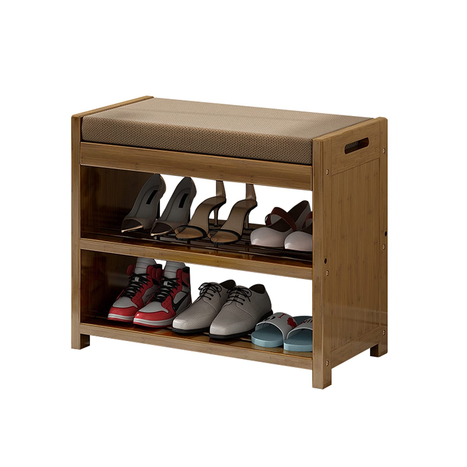 CHHD 3-Tier Wooden Shoe Storage Bench with Upholstered Seat - Bamboo Shoe Rack Organizer for Entryway, Hallway, Living Room, Bathroom & Balcony - Space Saving Shoe Changing Stool (2 Sizes, 53cm) - Perfect for Small Apartments & Closet Organization