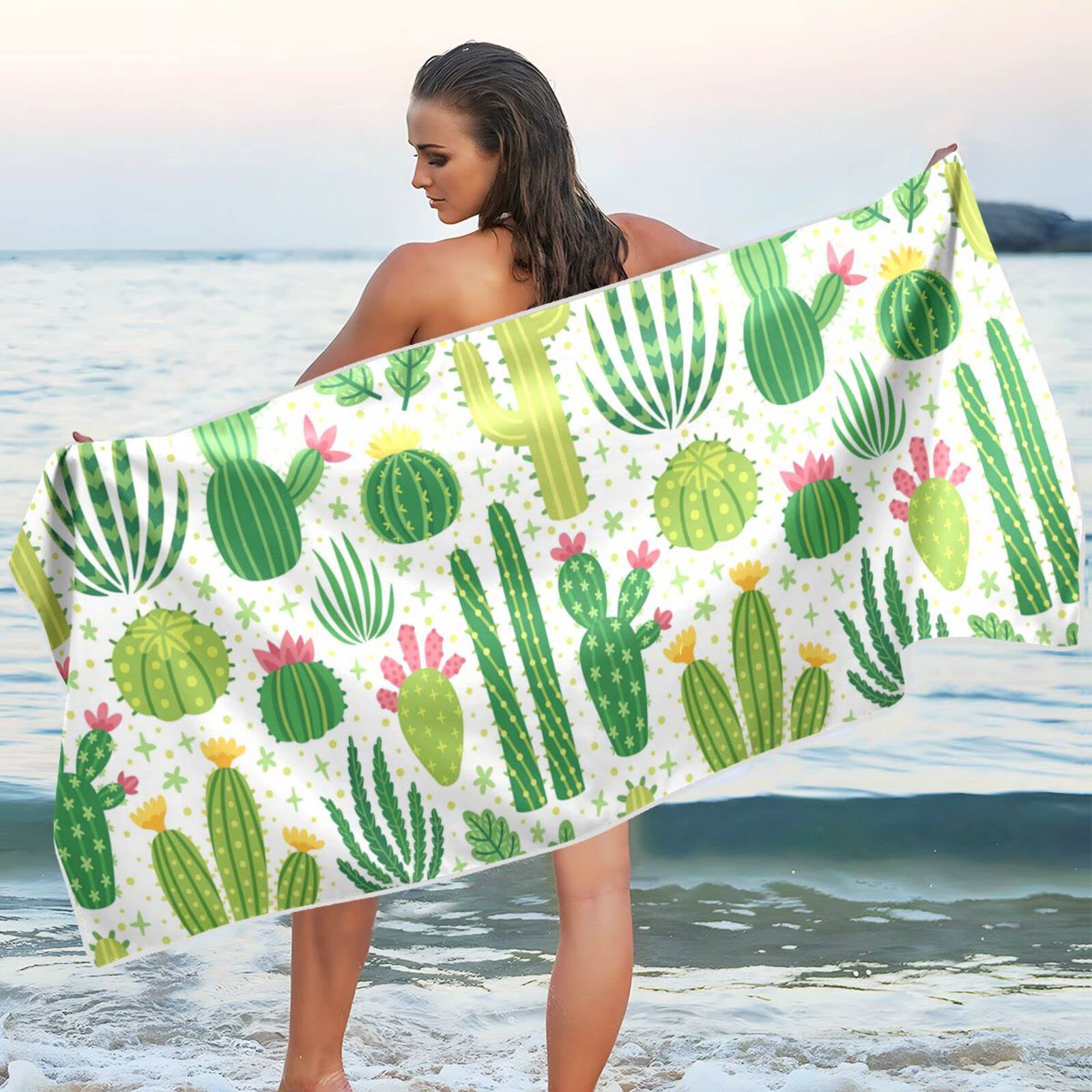 DOMIKING Cactus Microfiber Beach Towel - Quick Dry, Sandproof, 30x60 Inch Oversized Pool Towel with Storage Pouch - Perfect for Beach, Pool, Sports, Cruise & Outdoor Activities