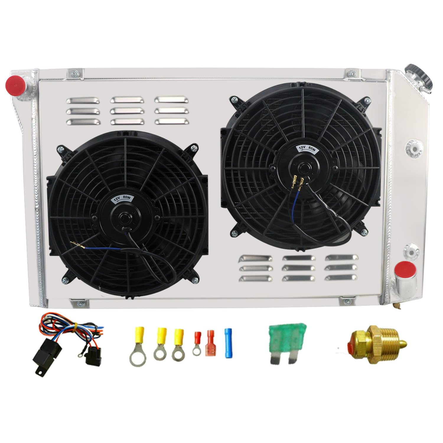High-Performance All-Aluminum Radiator for 1977-1982 Chevy Corvette C3 - Fits 5.0L & 5.7L V8 Engines - 4-Row Cooling System with Shroud Fan & Thermostat Relay Kit - Perfect for Street Racing & Classic Car Restoration Projects
