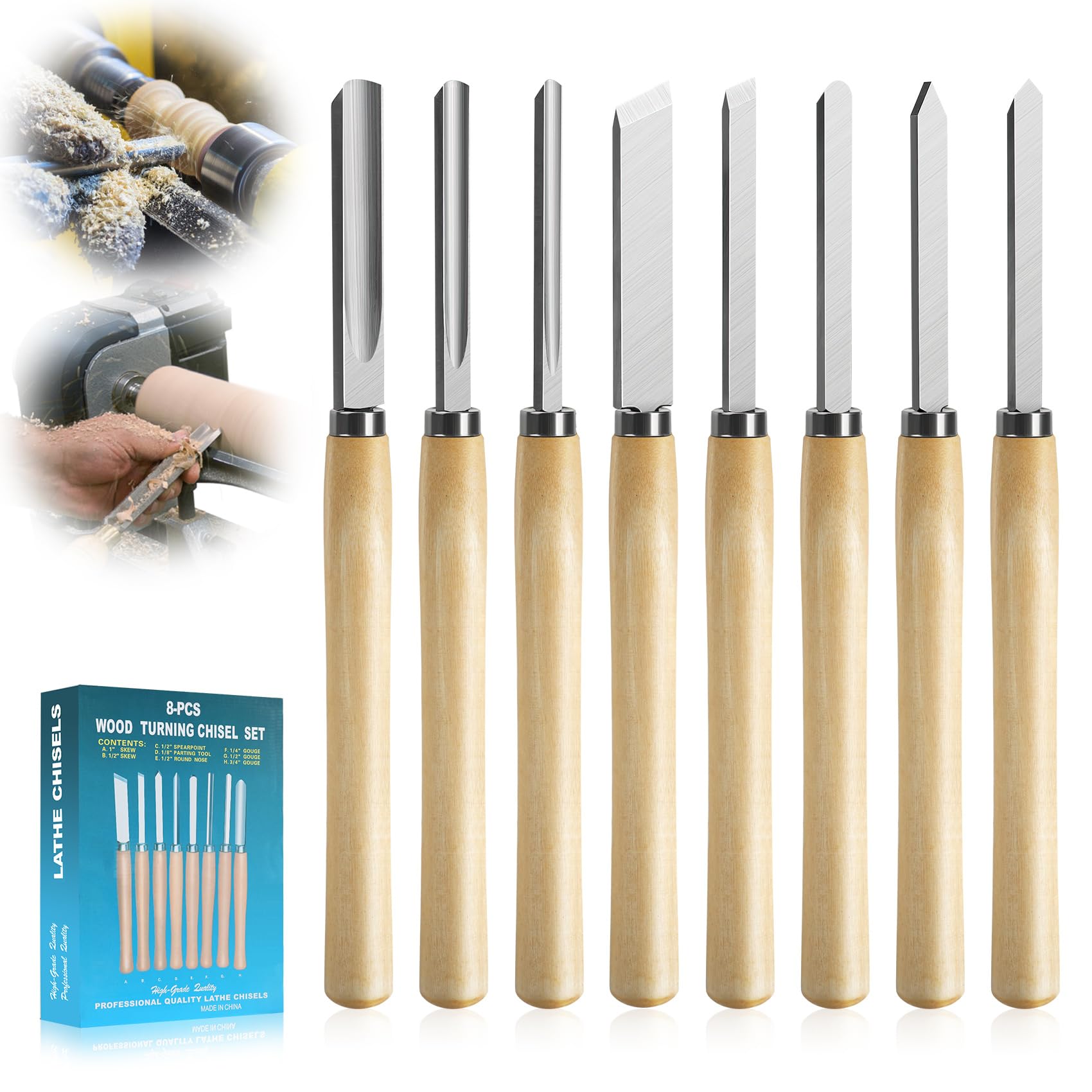 8-Piece Wood Lathe Chisel Set - Professional & Beginner Woodworking Tools for Turning, Carving & Shaping - Perfect for DIY Projects, Furniture Making & Crafting