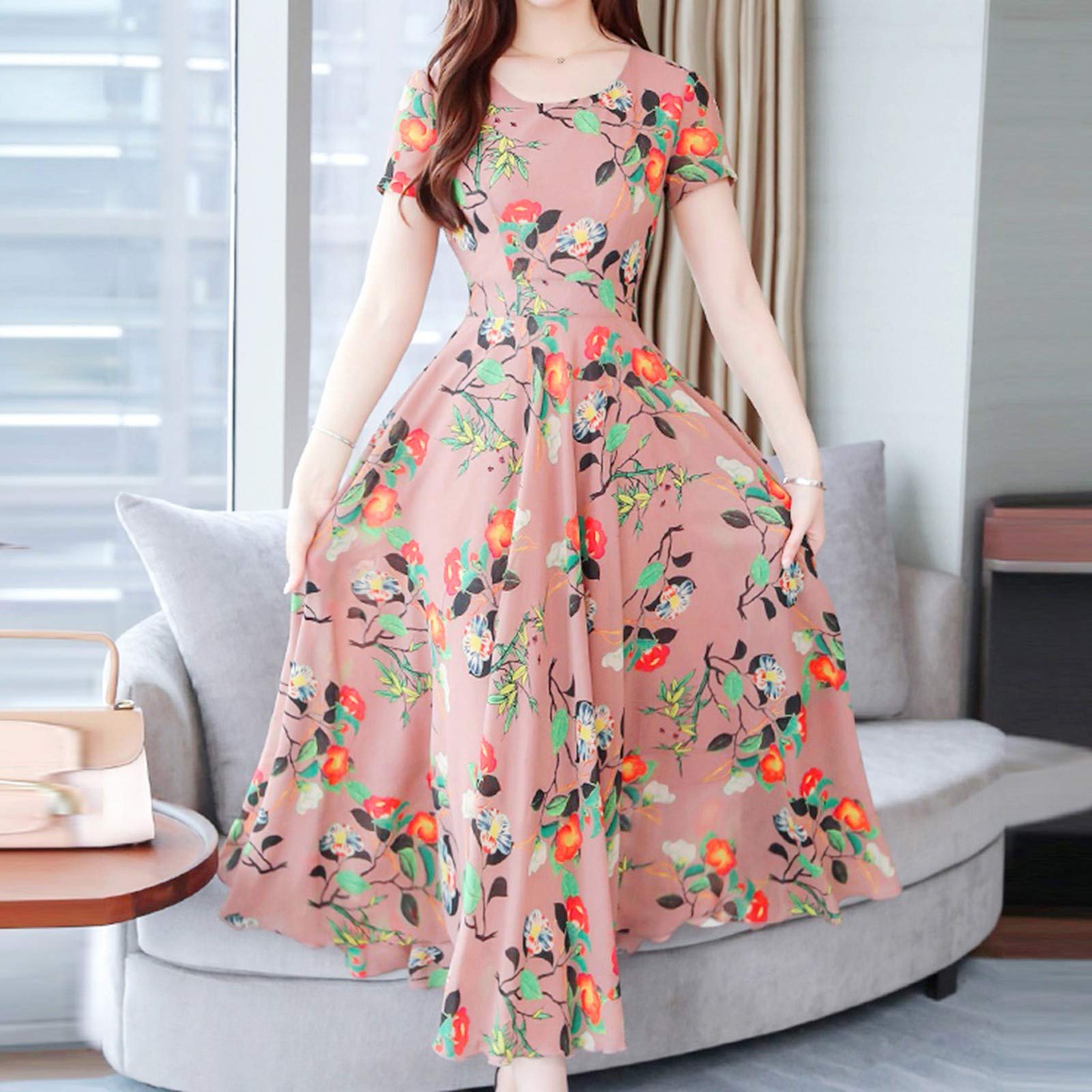Women's Summer Beach Dress - Floral Print Short Sleeve Midi Dress for Cocktail Party, Vacation & Casual Wear (Pink, Size M) | Perfect for Beach Outings, Summer Travel & Date Nights