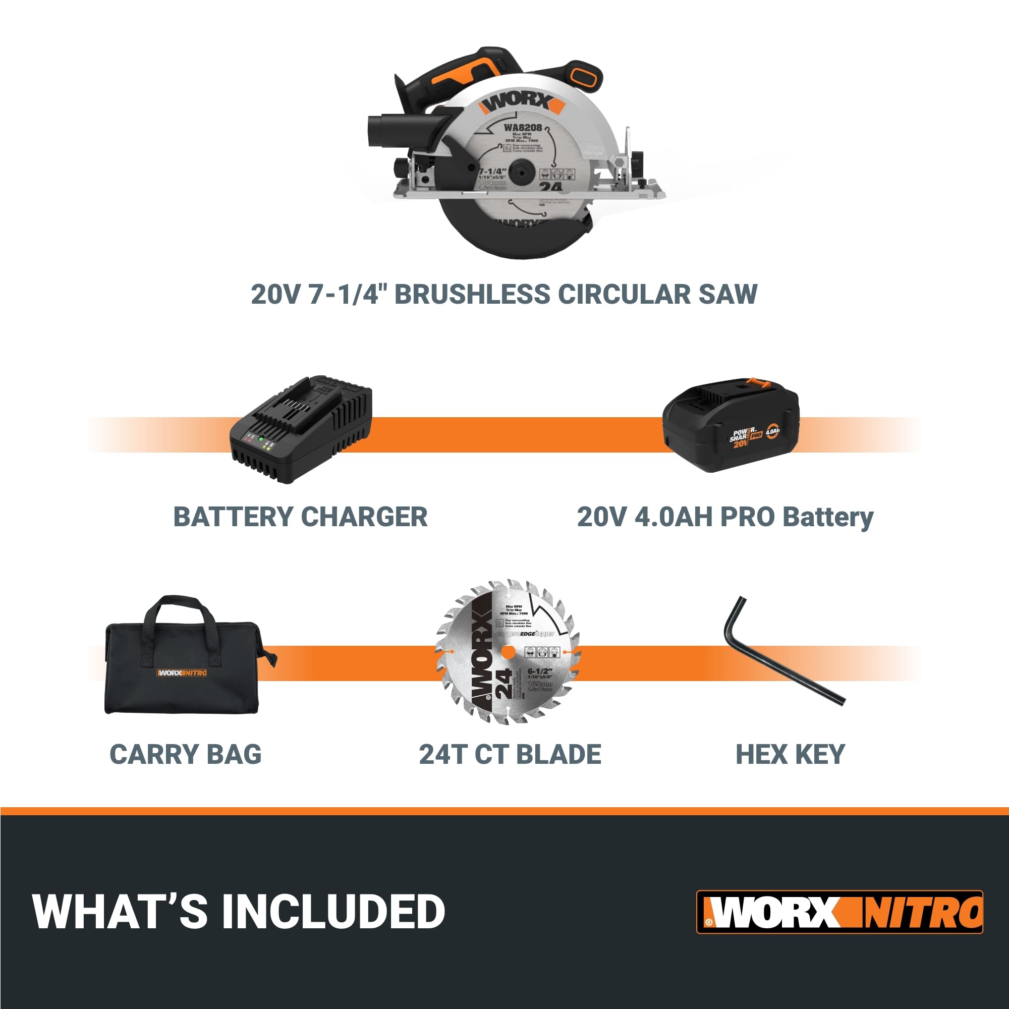 Worx Nitro 20V Brushless Cordless Circular Saw - 7-1/4 Inch Compact Circular Saw WX520L with Battery & Charger Included | Perfect for DIY Projects, Woodworking, and Professional Construction Jobs