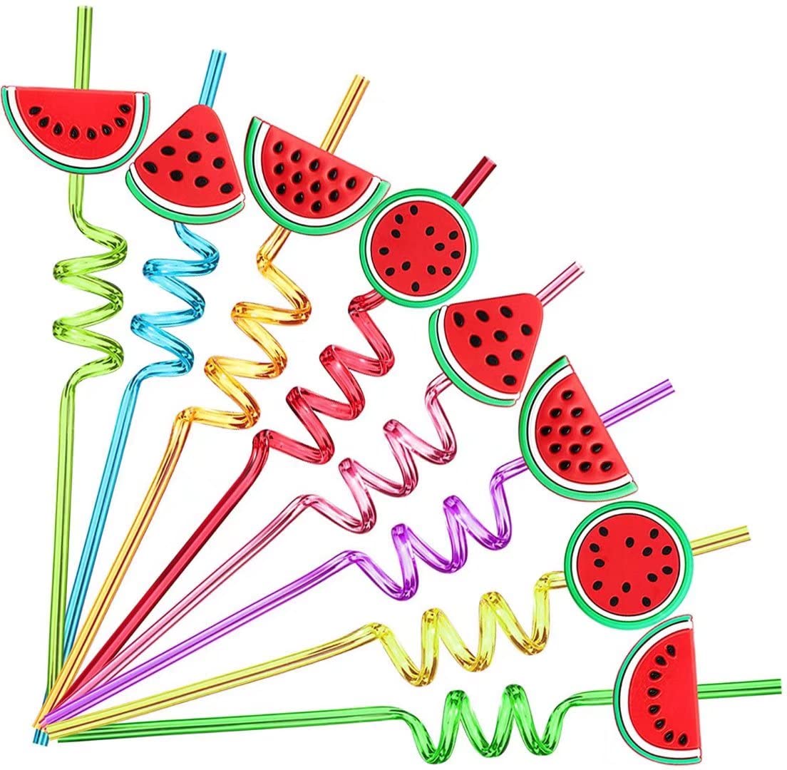 24 Pack Reusable Plastic Fruit Straws - Cartoon Watermelon Juice Drinking Straws for Kids, Party, Birthday, Art & DIY Projects | Eco-Friendly Spiral Straws for Smoothies, Cocktails & Fun Drinks