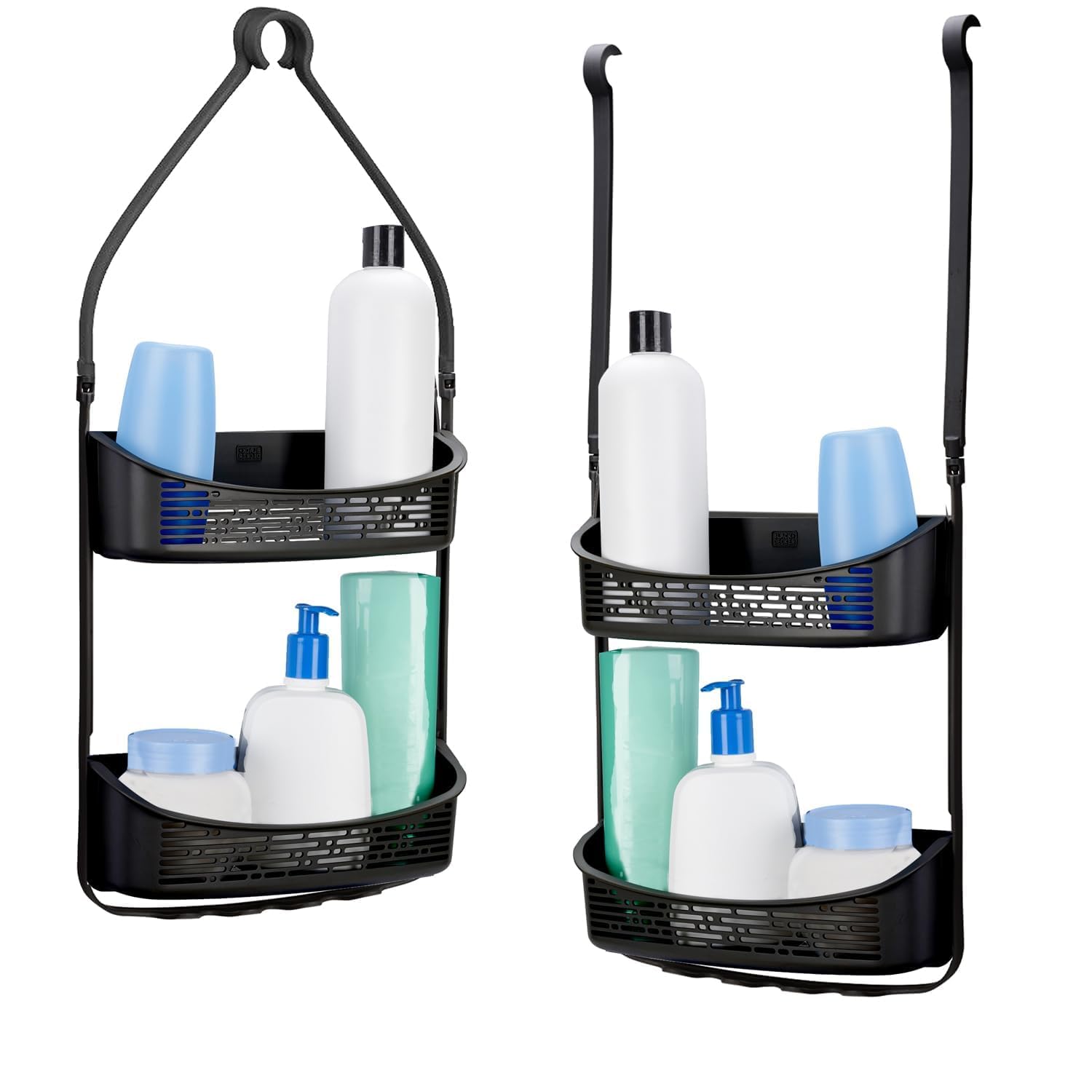 BLACK+DECKER 2-Way Convertible Hanging Shower Caddy with Anti-Swing Design - Adjustable Arm Over The Door Organizer with Loofah & Razor Hooks - Perfect for Storing Large & Small Bottles, Toiletries & Bath Accessories - Ideal for Bathroom Organization & Space Saving