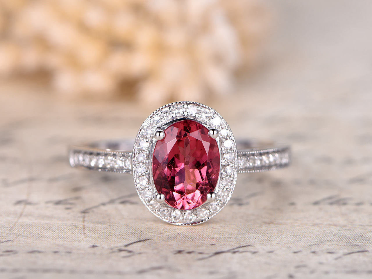 6x8mm Oval Pink Tourmaline Engagement Ring 14K White Gold - 1.35ct Tourmaline & Diamond Halo Ring with Half Eternity Band | Perfect for Proposals, Anniversaries & Special Occasions