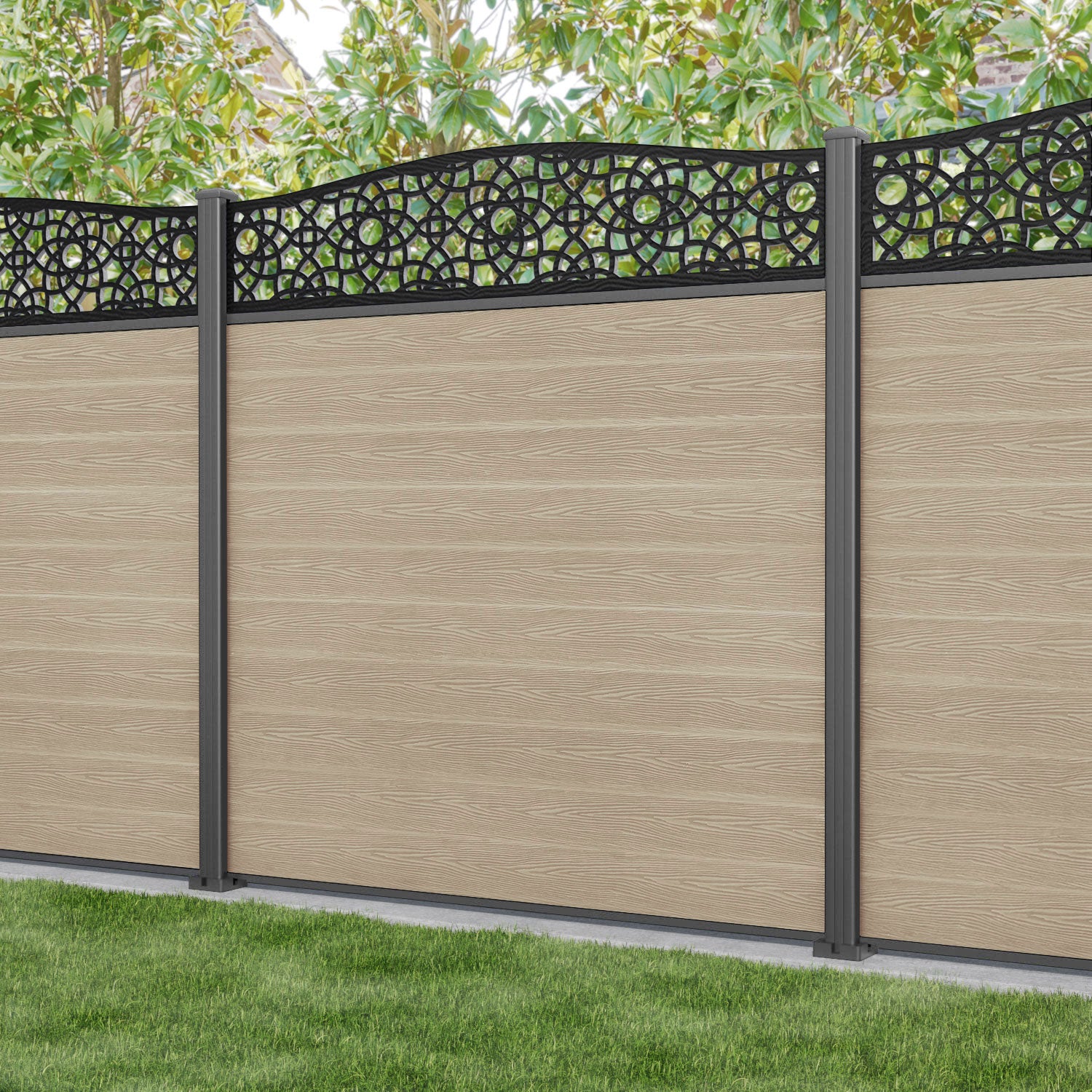 Classic Amber Curved Top Fence Panel - Light Oak Wood with Aluminum Posts | Outdoor Privacy Fence for Garden, Yard & Backyard Landscaping