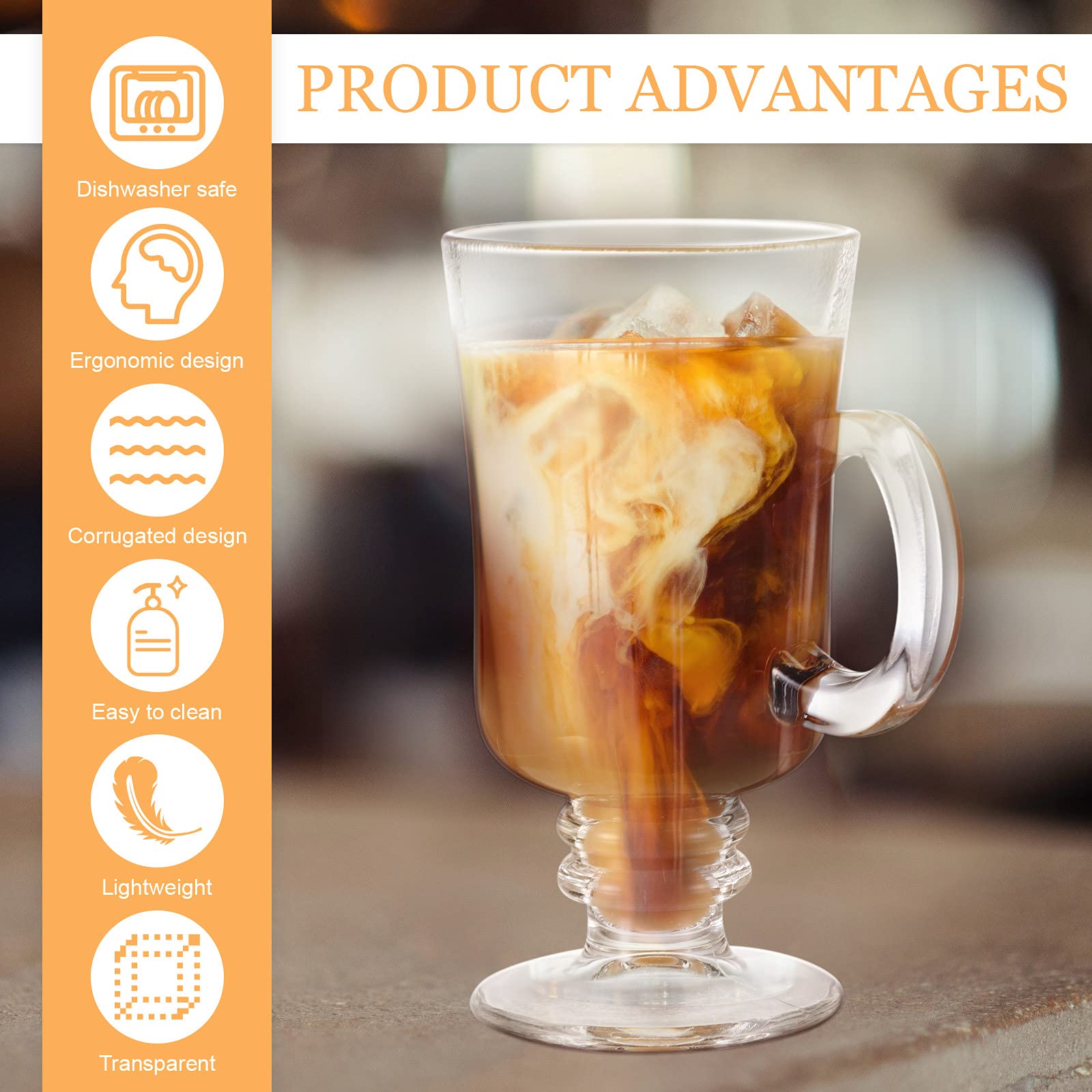 6-Piece Set of 8oz Irish Coffee Mugs - Clear Glass Cups with Handle & High Base - Perfect for Hot & Cold Beverages - Ideal for Coffee, Tea, Latte, and Cocktails at Home or Café