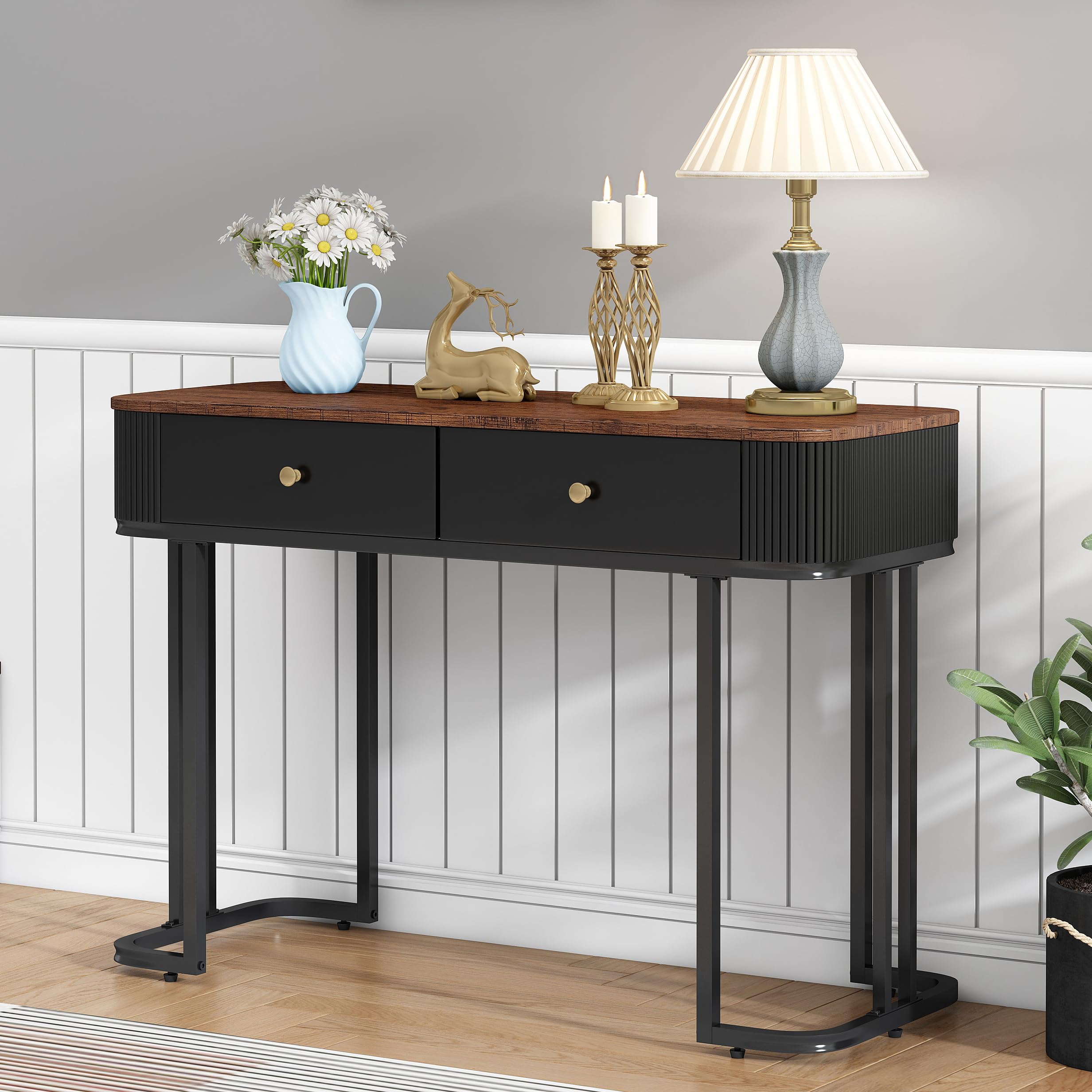 Modern OIOG Console Table with 2 Drawers - Wood Grain Sofa Table for Entryway, Living Room & Bedroom - Multi-Functional Storage Desk as Makeup Vanity or Small Computer Workstation (Brown/Black) - Perfect for Small Spaces, Apartments & Home Offices