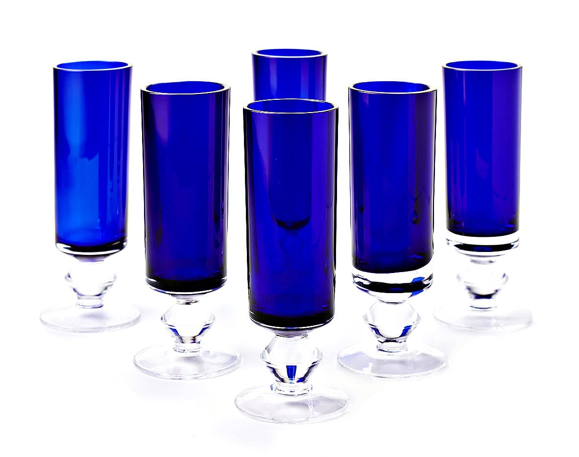 Blue Rose Polish Pottery Cobalt French Champagne Glasses - Set of 6 Elegant Stemware for Wedding, Anniversary & Romantic Dinner Party Decor