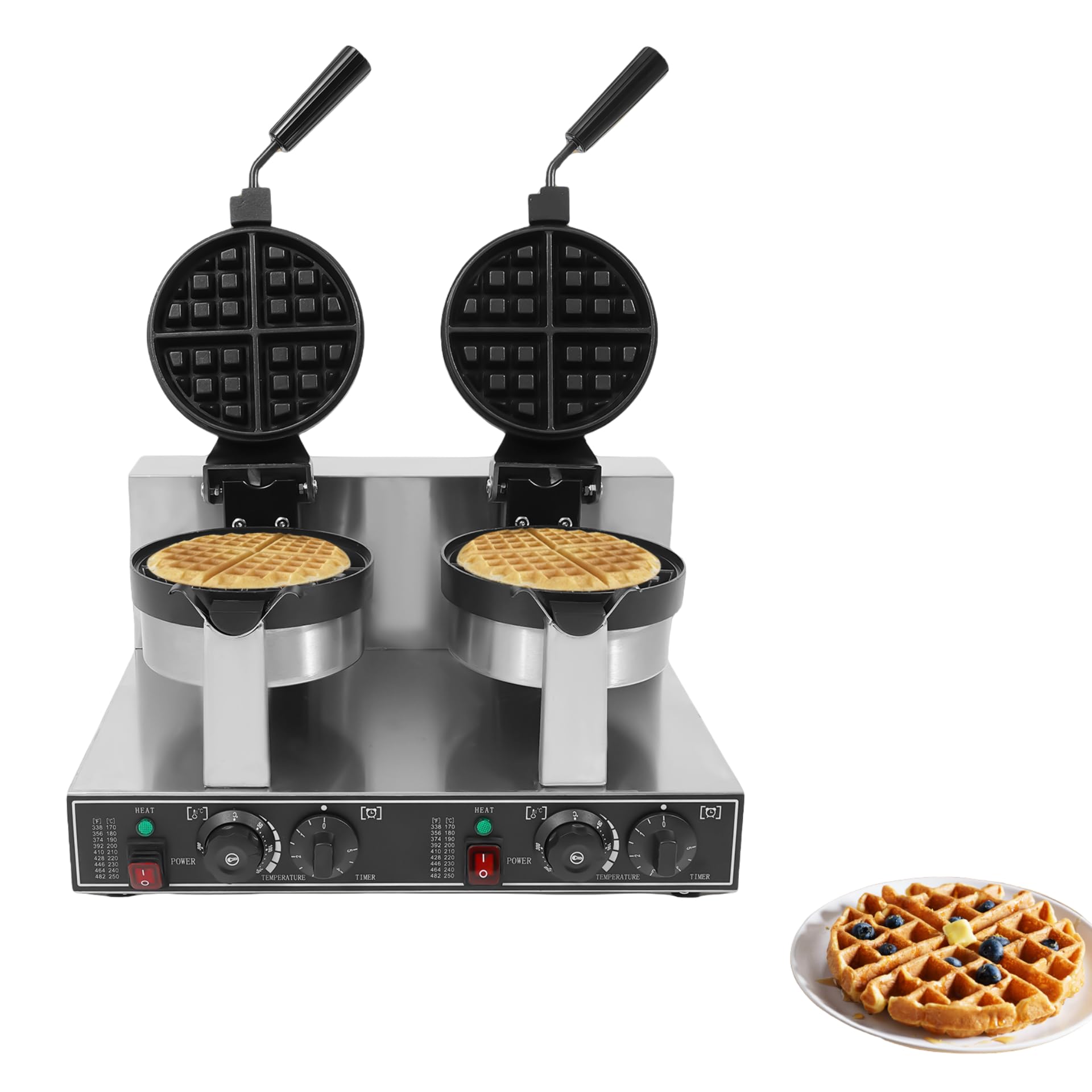 2400W Commercial Dual-head Belgian Waffle Maker - Adjustable Temperature & Timer, Stainless Steel Waffle Iron with Non-Stick Coating - Ideal for Restaurants, Bakeries, Breakfast Buffets, Cafes, and Home Kitchen Use
