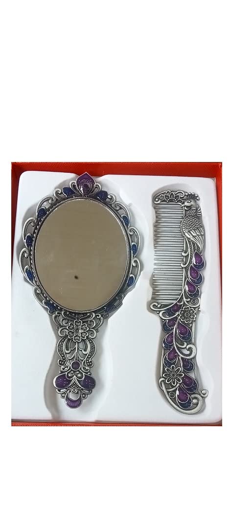 Kingsman Store Hand Mirror Comb - Double Sided Metal Zircon Vanity Mirror for Makeup & Hair Styling | Travel Compact Mirror for Women, Men, Girls & Boys | Perfect for Home, Salon, Travel & Gifts