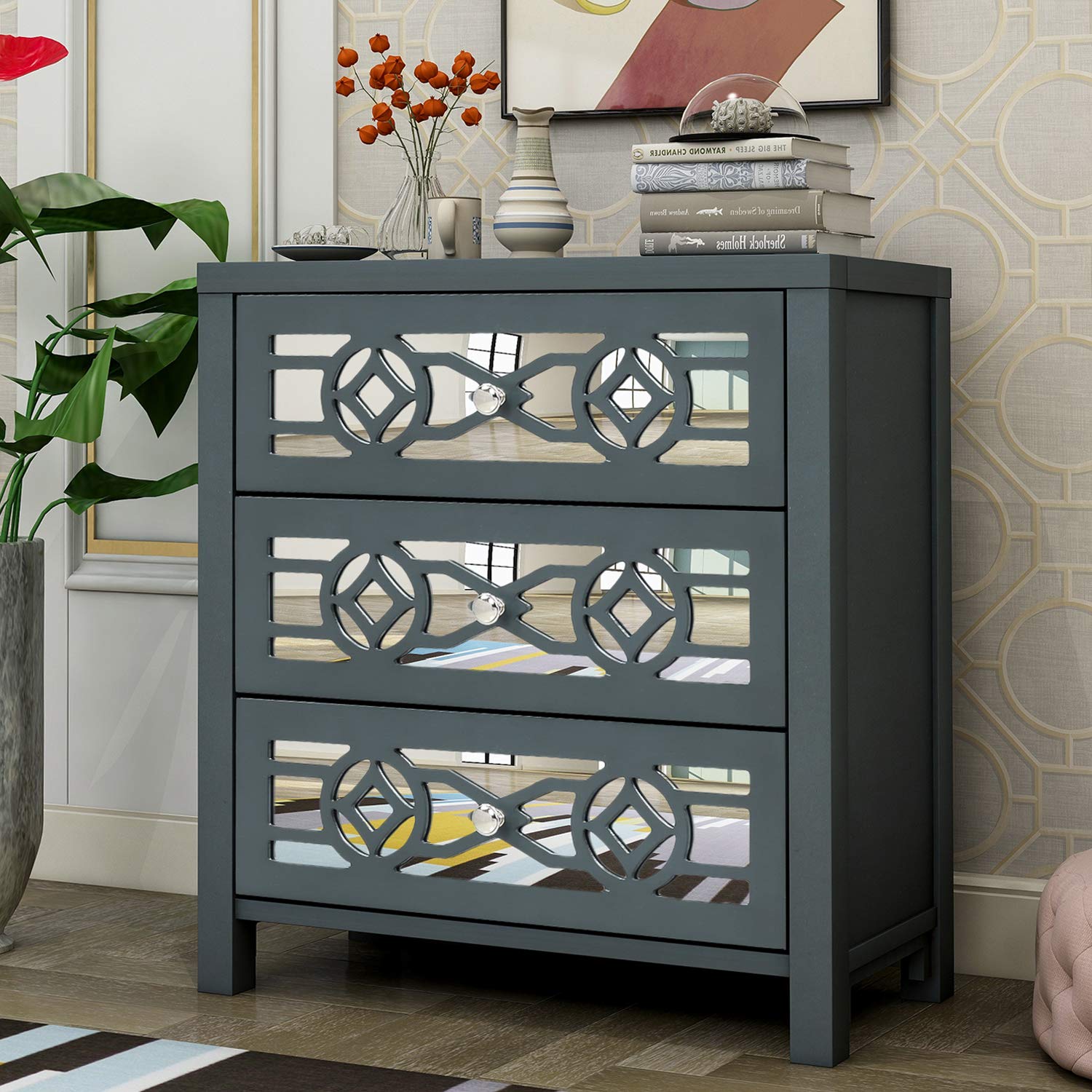 Antique Navy Solid Wood Storage Cabinet with Mirror - 3 Drawers, No Assembly Needed for Bedroom/Entryway