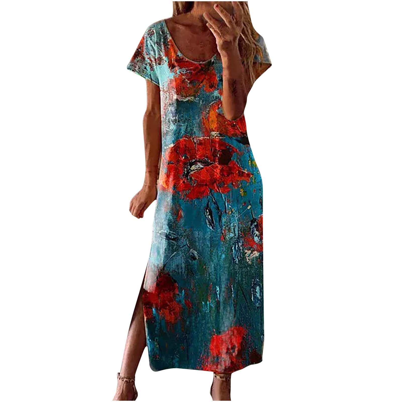 Vintage Floral Print Summer Dress for Women - Short Sleeve Midi Dress with Side Slit, Casual Crew Neck Boho Style | Perfect for Beach Vacations, Date Nights & Summer Parties