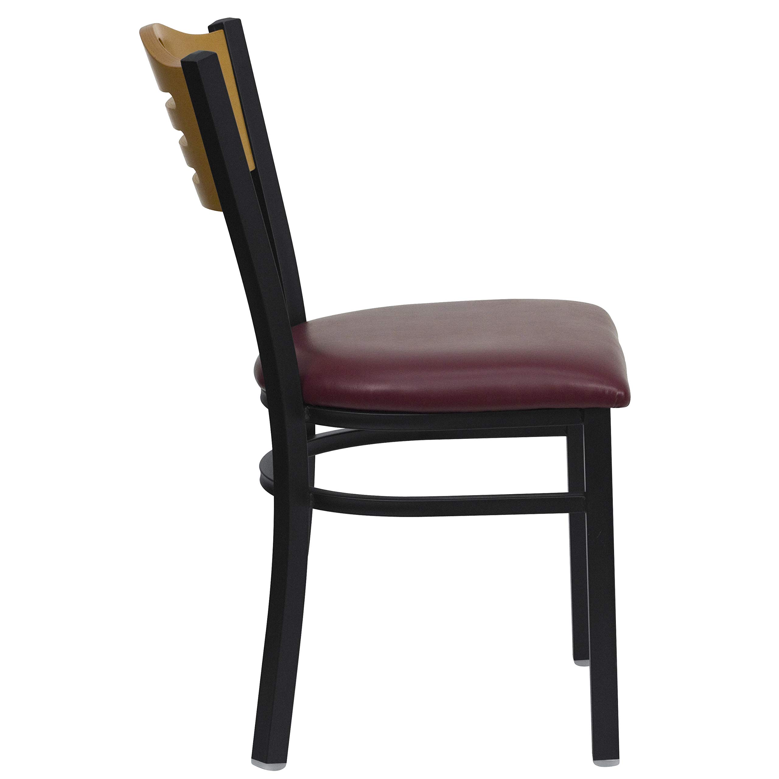 2 Pack Black Slat Back Metal Restaurant Chairs - Natural Wood Back & Burgundy Vinyl Seat - Durable Dining Chairs for Restaurants, Cafes, Bistros, and Home Kitchens