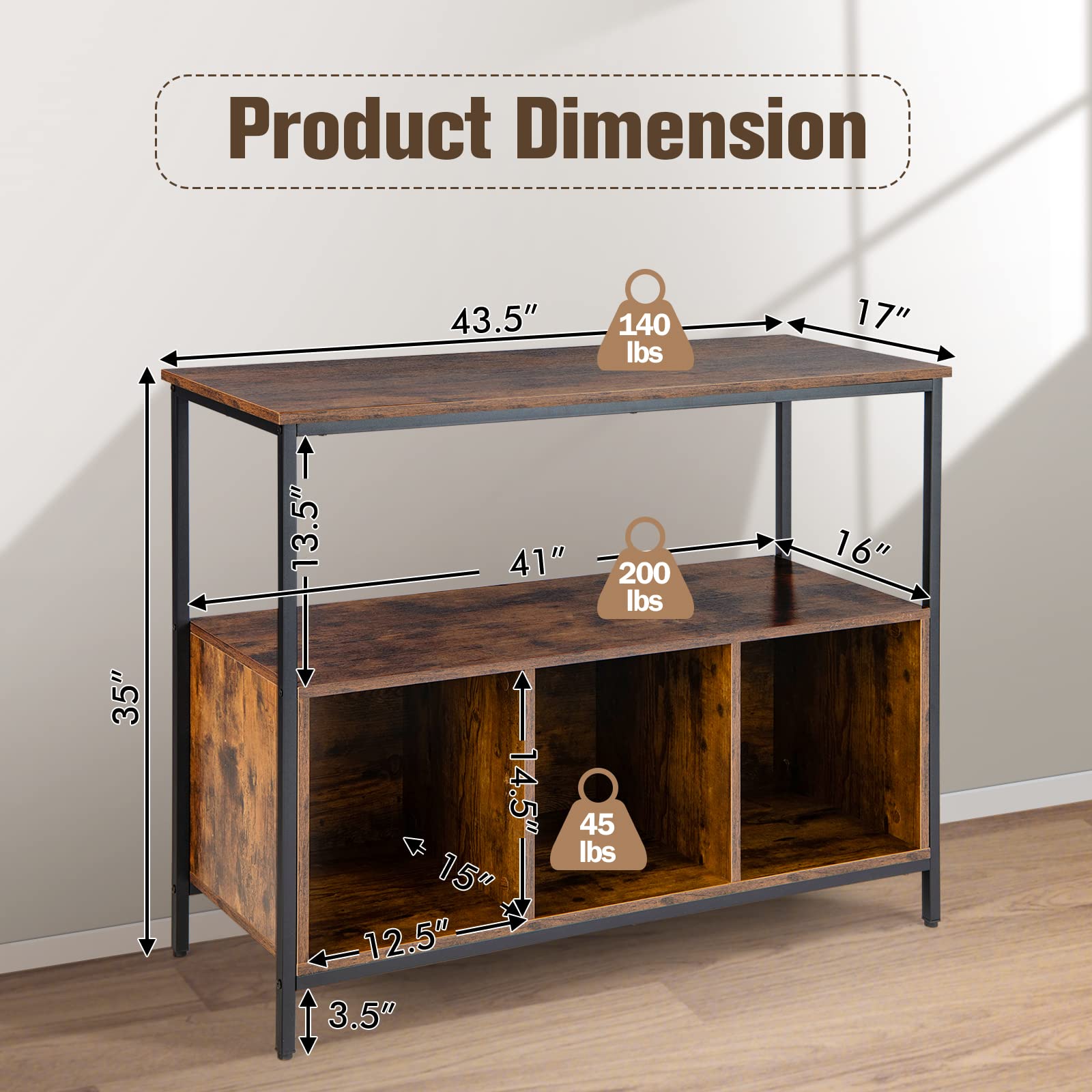 LOKO Rustic Brown Buffet Cabinet with Open Shelves & 3-Cube Storage - 43.5