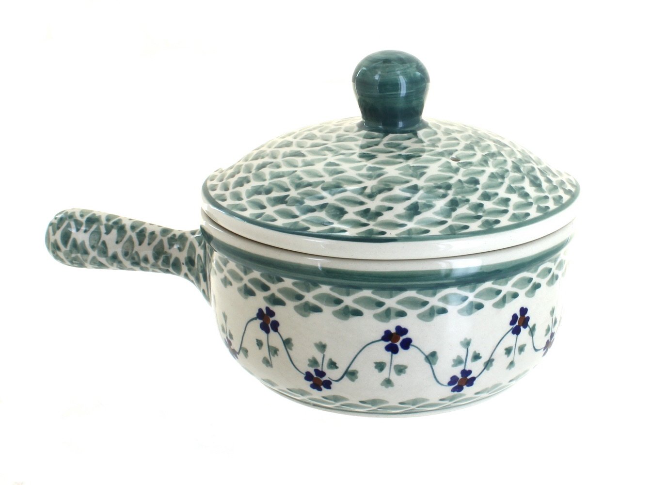 Blue Rose Polish Pottery Sage Floral Sauce Pot with Lid - Handmade Ceramic Cooking Pot for Serving, Decor & Gifts - Perfect for Soups, Stews, and Kitchen Decor