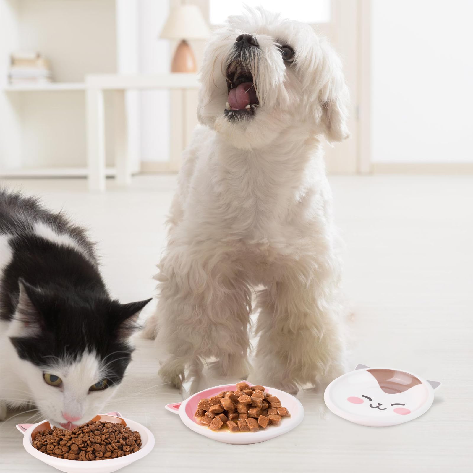 Premium Ceramic Cat Food & Water Bowl Set - 3-Piece Wide Shallow Dish for Dry/Wet Food - Anti-Whisker Fatigue Design with Non-Slip Base - Perfect for Indoor Cats, Kittens, Dogs & Puppies - Ideal for Stress-Free Feeding & Hydration Station at Home
