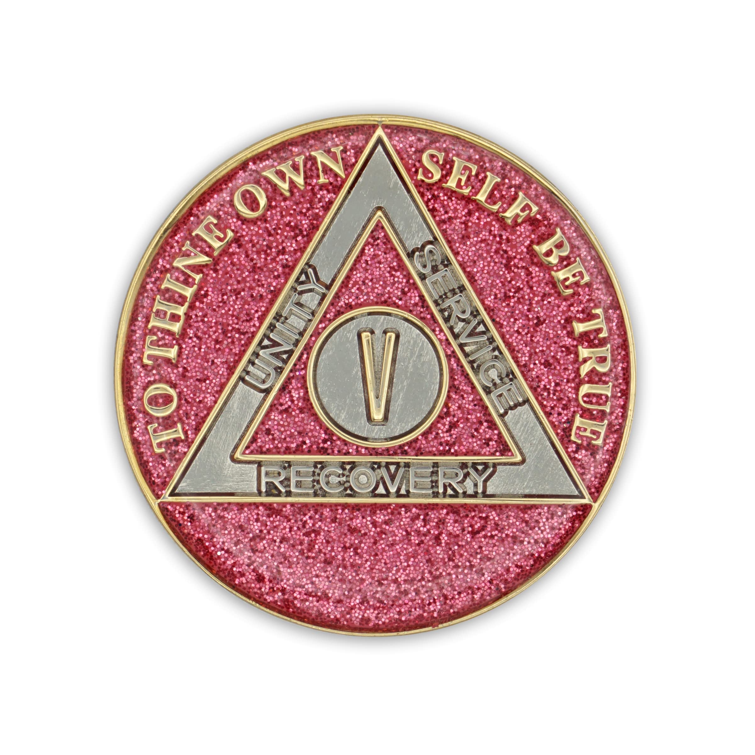 5 Year Sobriety Coin - Glitter Triplate AA Recovery Anniversary Token (Pink) | Motivational Gift for Alcoholics Anonymous, 12 Step Program Milestone, Addiction Recovery Celebration