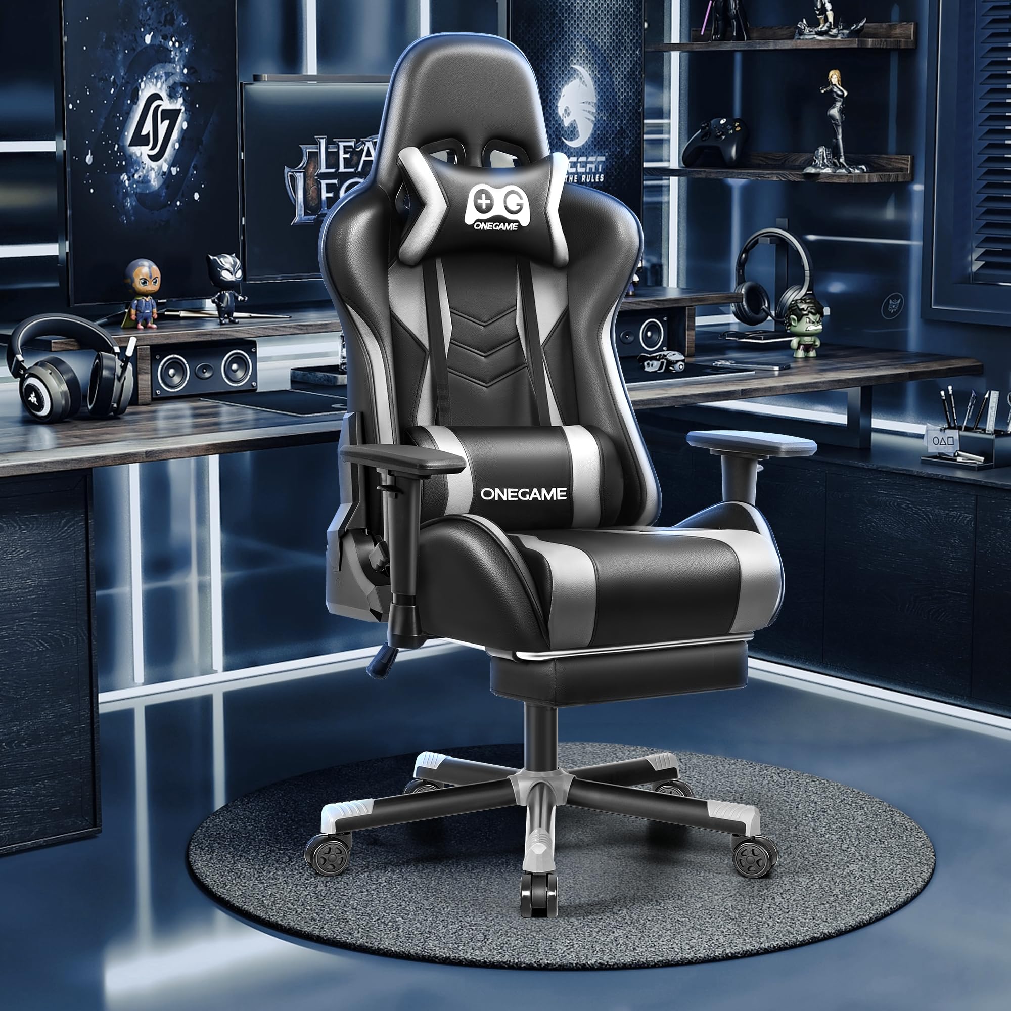 OneGame Ergonomic Gaming Chair for Adults - 3D Adjustable Armrests, Footrest & Lumbar Support - PU Leather Racing Style Computer Chair for Office & Video Games (Black/Gray) - Perfect for Esports, Streaming & Home Office Workspace