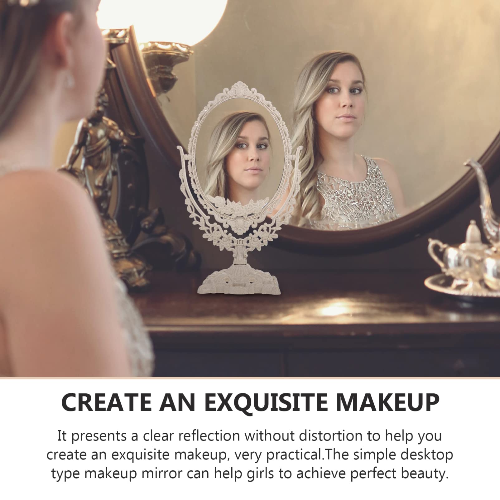 Beaupretty European Style Vanity Mirror - Double Sided Oval Makeup Mirror with Stand for Bathroom & Bedroom | Retro Tabletop Cosmetic Mirror for Makeup Application, Skincare Routine & Dressing Table Decor