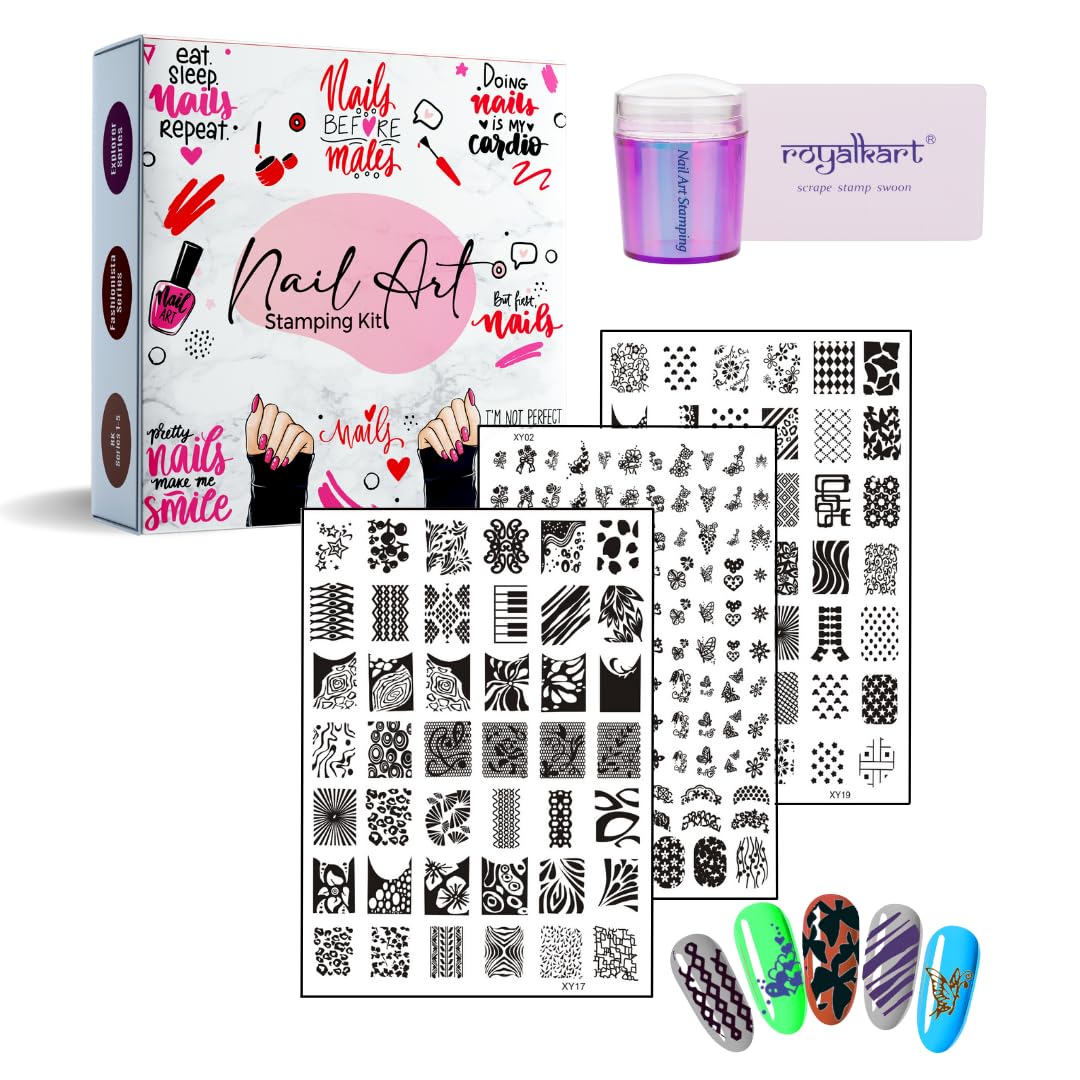 RoyalKart Professional Nail Art Stamping Kit - 3 Stainless Steel Nail Stamping Plates, Stamper & Scraper for Salon-Quality Manicures | DIY Nail Design Kit for Home & Professional Use | Perfect for Parties, Weddings & Special Occasions