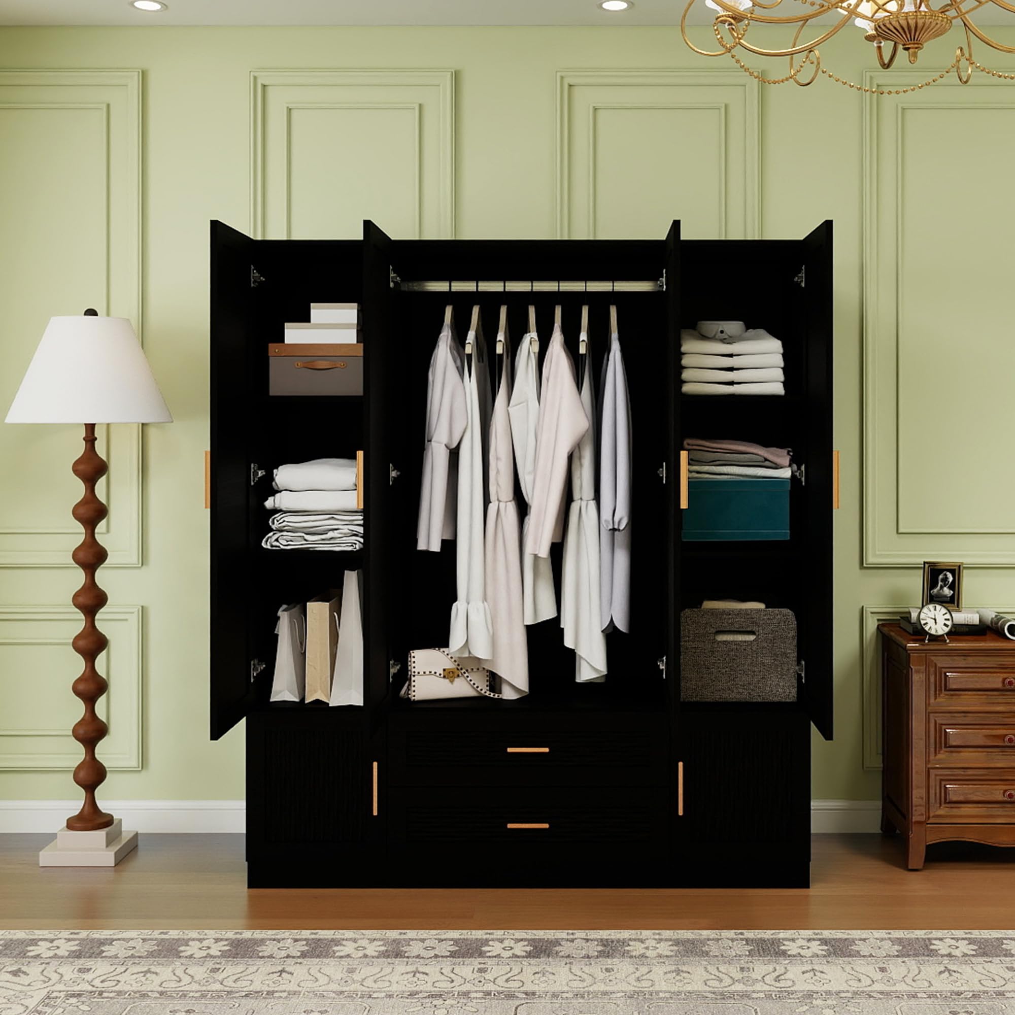Large Black Wooden Armoire Wardrobe Closet - 4 Doors, 2 Drawers with Mirror, Hanging Rods & Shelves | Spacious Tall Cabinet for Bedroom Storage & Organization | Perfect for Master Bedroom, Guest Room or Walk-in Closet
