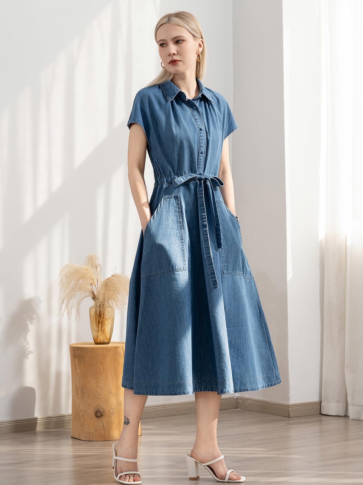 ALSOGO Women's Casual Denim Dress - Short Sleeve Midi Jean Dress with Waist Drawstring & Pockets | Perfect for Summer Outings, Beach Vacations and Casual Everyday Wear