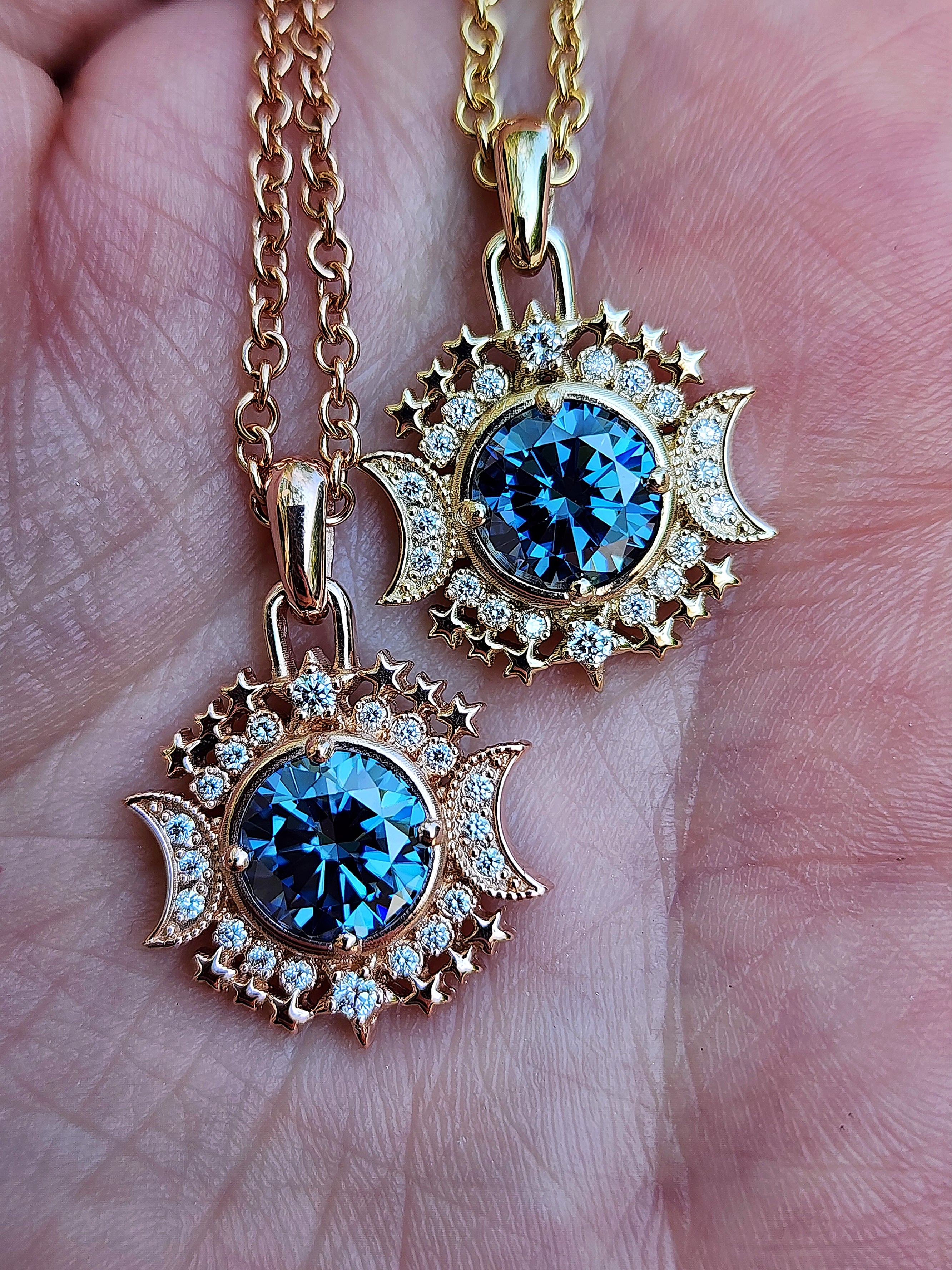 Blue Moon Pendant Necklace with Genuine Blue Moissanite & Natural Diamonds | 14K Gold Nature-Inspired Fine Jewelry | Perfect for Weddings, Anniversaries & Special Occasions
