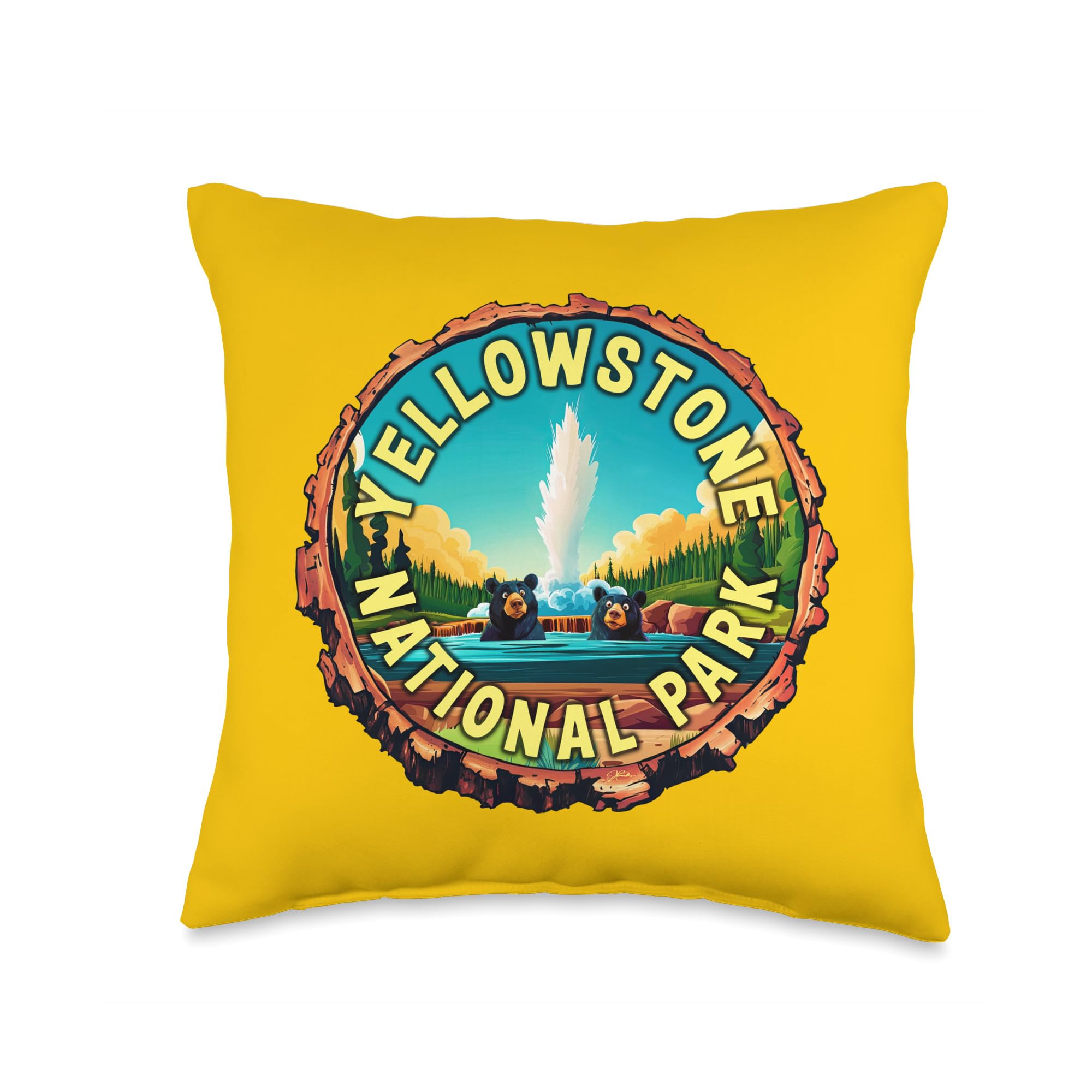 Yellowstone National Park Bears with Geyser Throw Pillow - Soft Decorative Couch Pillow for Living Room, Bedroom, and Office Decor