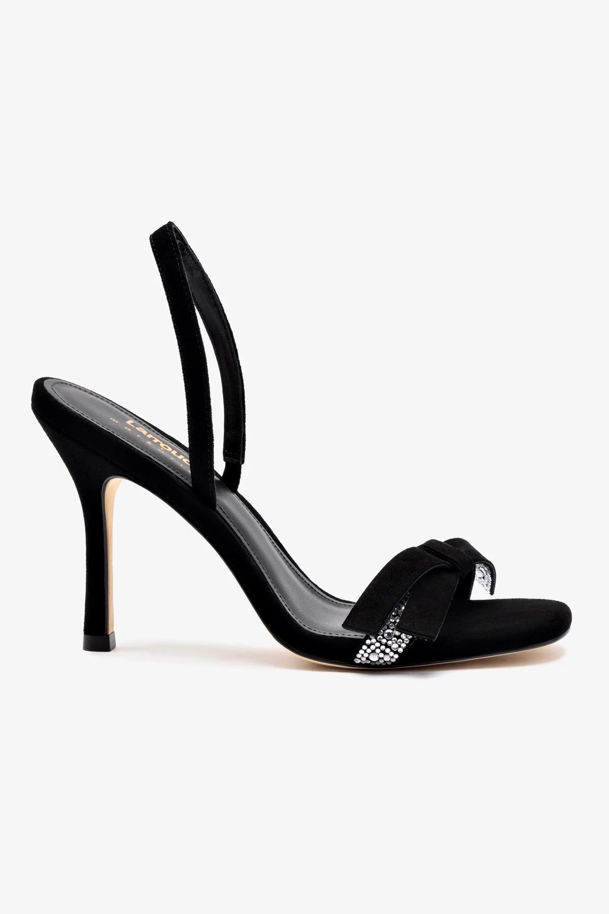 Larroudé x Markarian Black Suede Crystal Sandals – Elegant Women's Dress Sandals for Weddings, Parties & Special Occasions