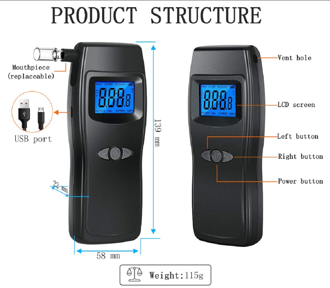 Professional Digital Breathalyzer - USB Rechargeable Alcohol Tester with LCD Display & 10 Mouthpieces | Accurate BAC Detection for Personal, Workplace & Law Enforcement Use