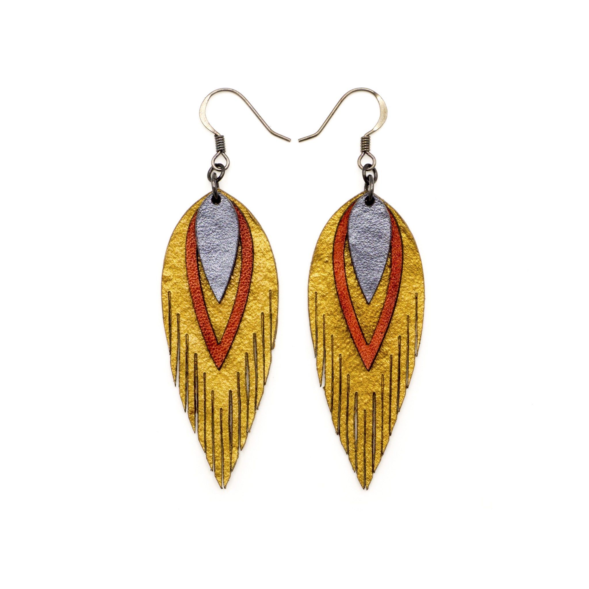 Nativas 3 Layer Leather Earrings for Women - Gold, Red, Silver Handmade Dangle Earrings | Boho Chic Jewelry for Parties, Weddings & Everyday Wear