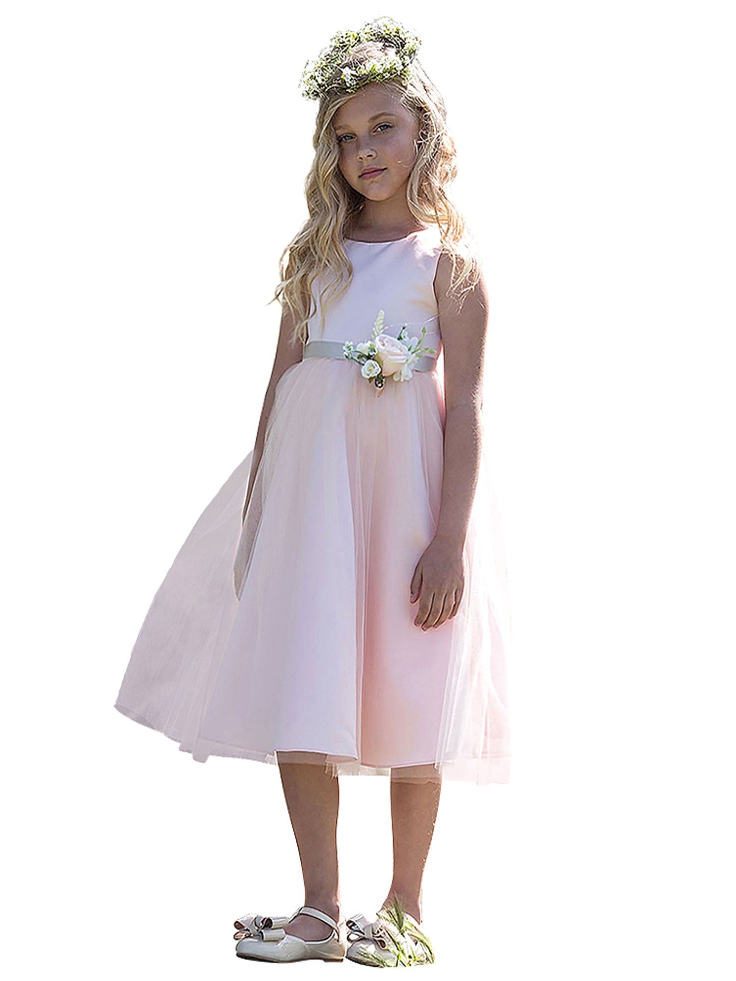 Big Girls Blush Pink Satin Tulle Flower Girl Dress - Size 8-12 | First Communion, Wedding Party, Pageant & Special Occasion Dresses for Toddlers